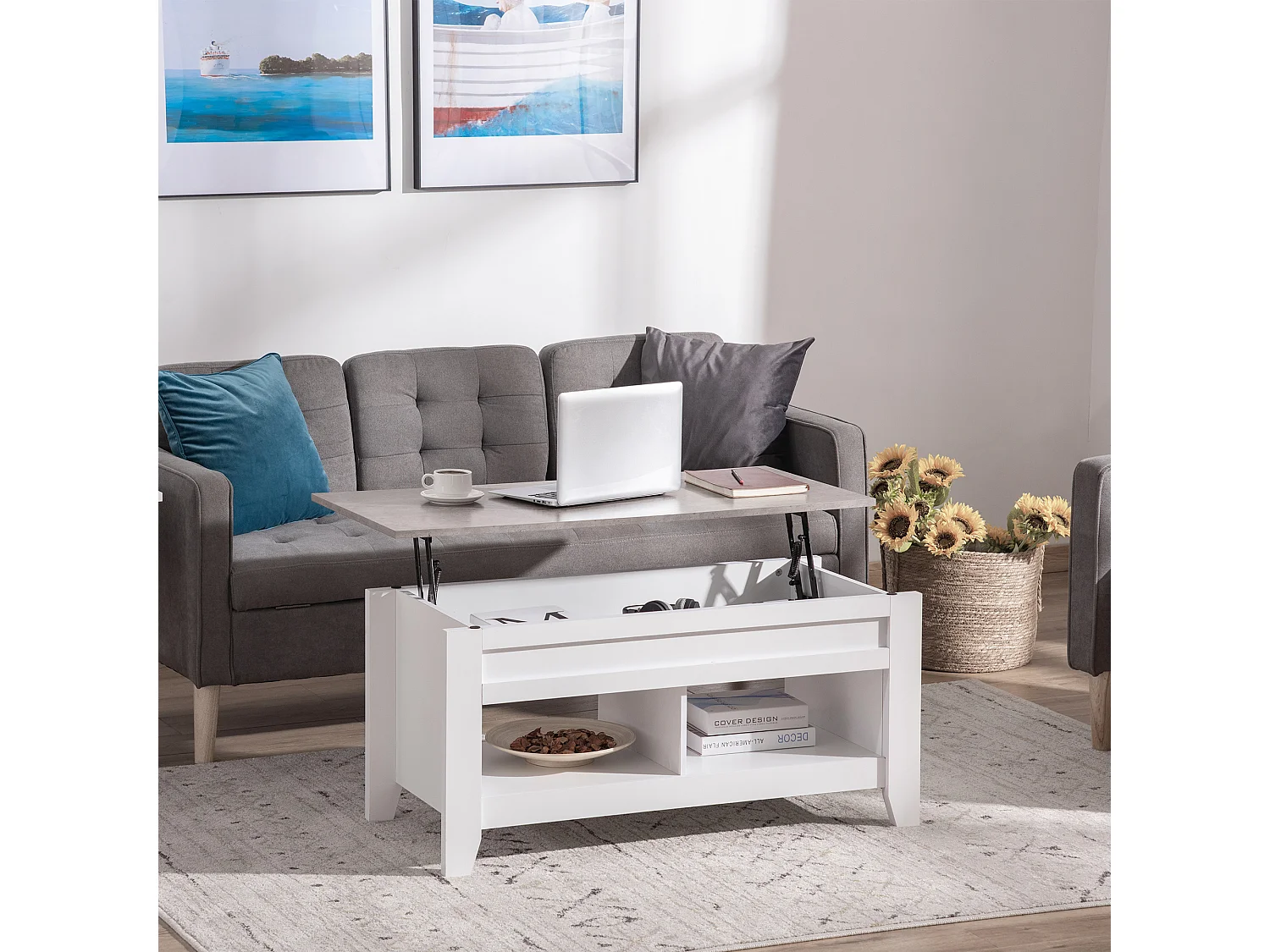 Table basse rectangulaire plateau relevable 2 niches et coffre panneaux particules blanc aspect marbre