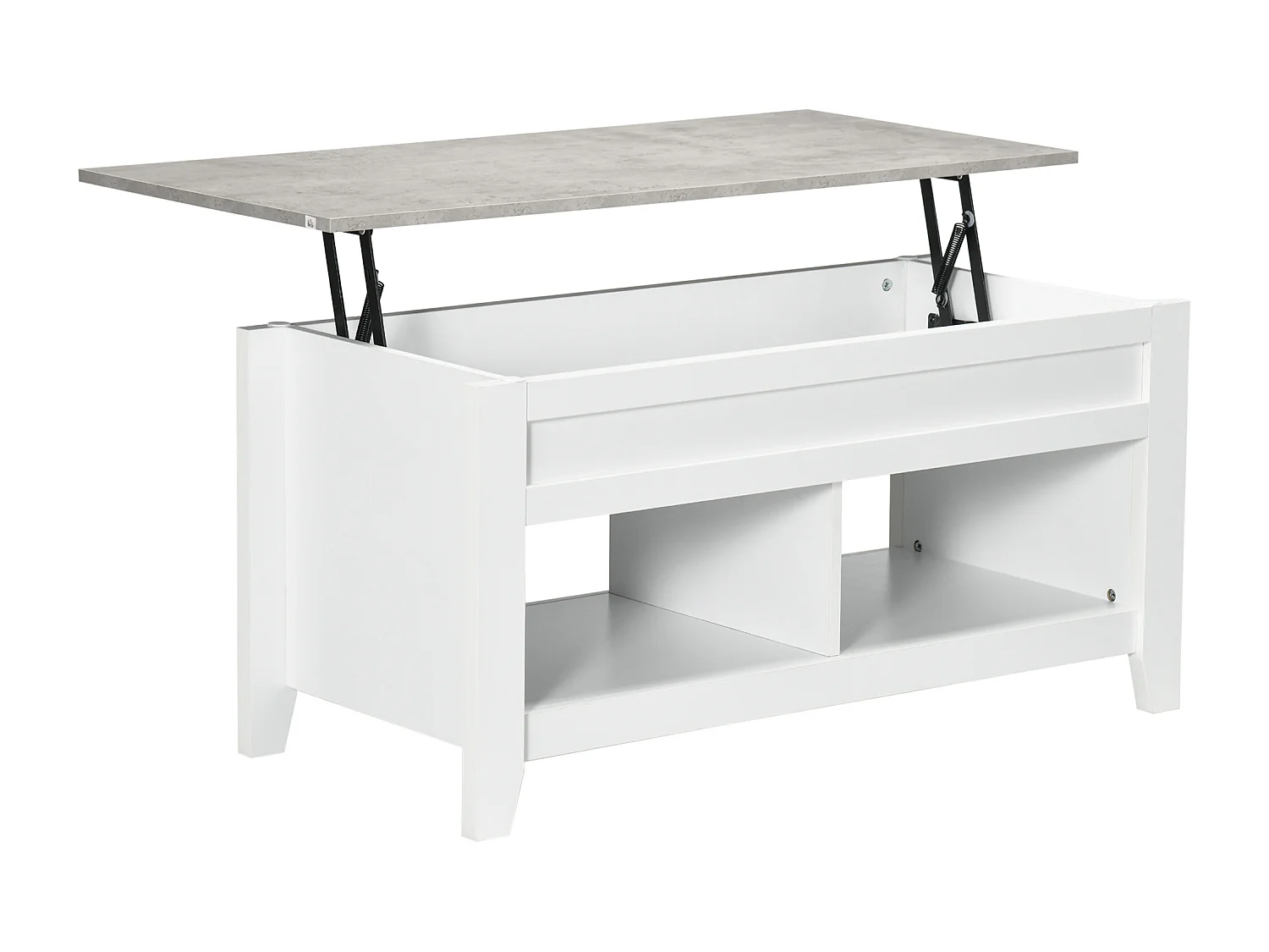 Table basse rectangulaire plateau relevable 2 niches et coffre panneaux particules blanc aspect marbre