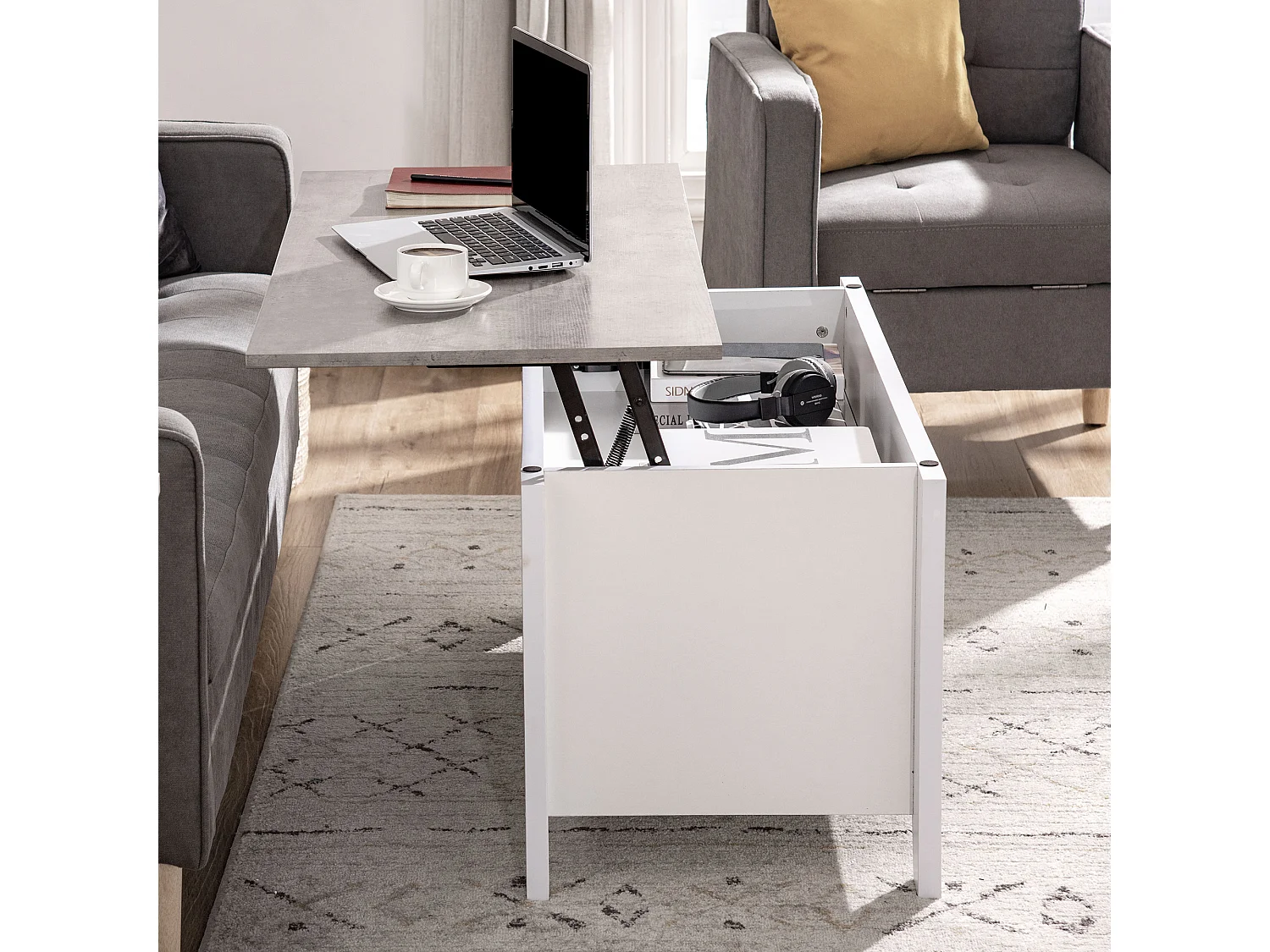 Table basse rectangulaire plateau relevable 2 niches et coffre panneaux particules blanc aspect marbre