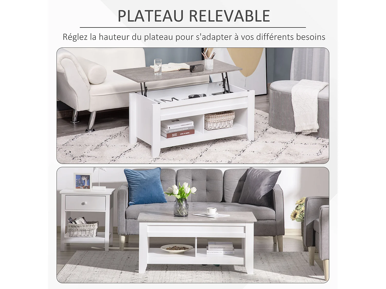 Table basse rectangulaire plateau relevable 2 niches et coffre panneaux particules blanc aspect marbre