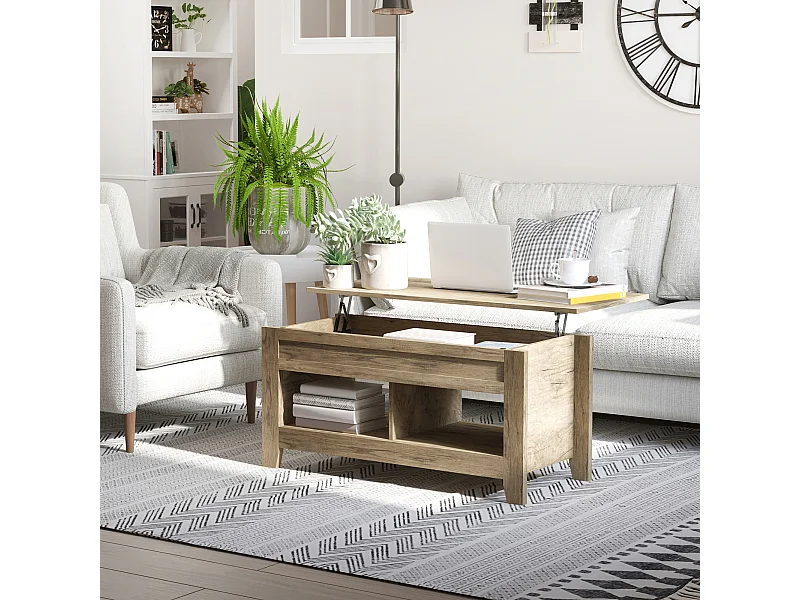 Table basse rectangulaire plateau relevable 2 niches et coffre panneaux particules aspect chêne clair