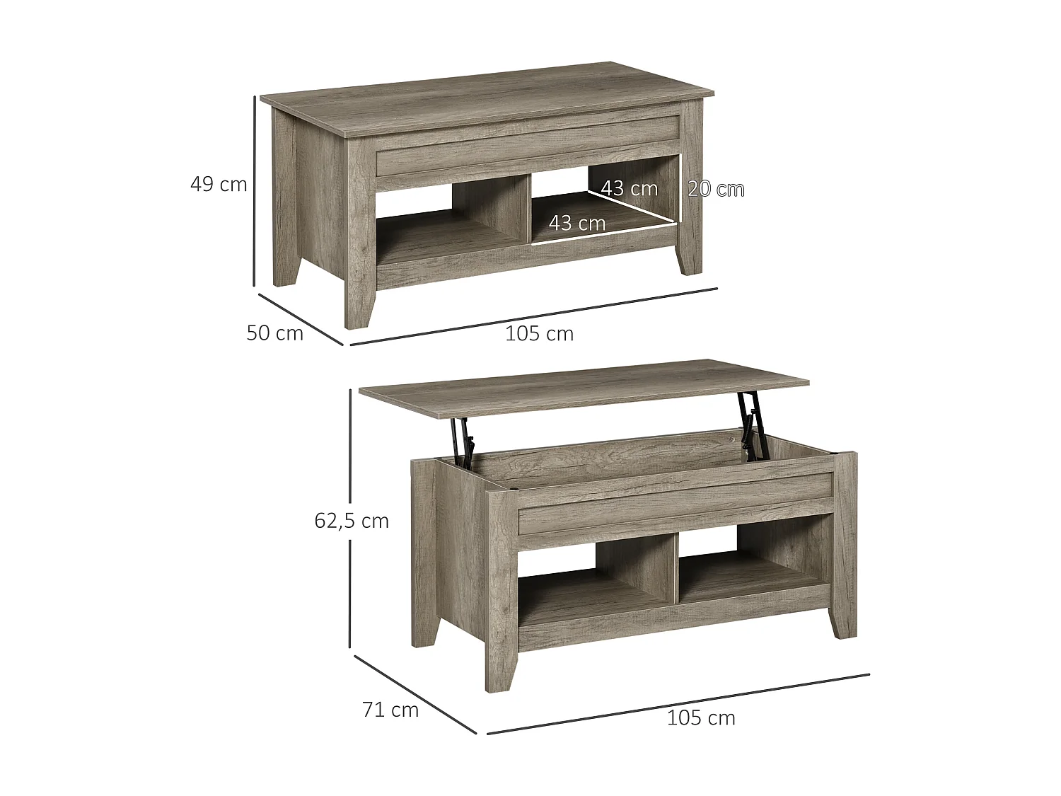 Table basse rectangulaire plateau relevable 2 niches et coffre panneaux particules aspect chêne clair