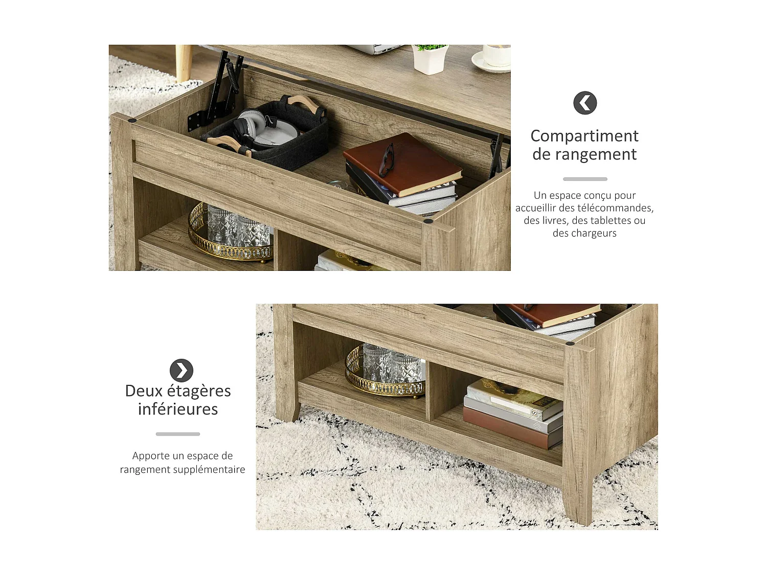 Table basse rectangulaire plateau relevable 2 niches et coffre panneaux particules aspect chêne clair