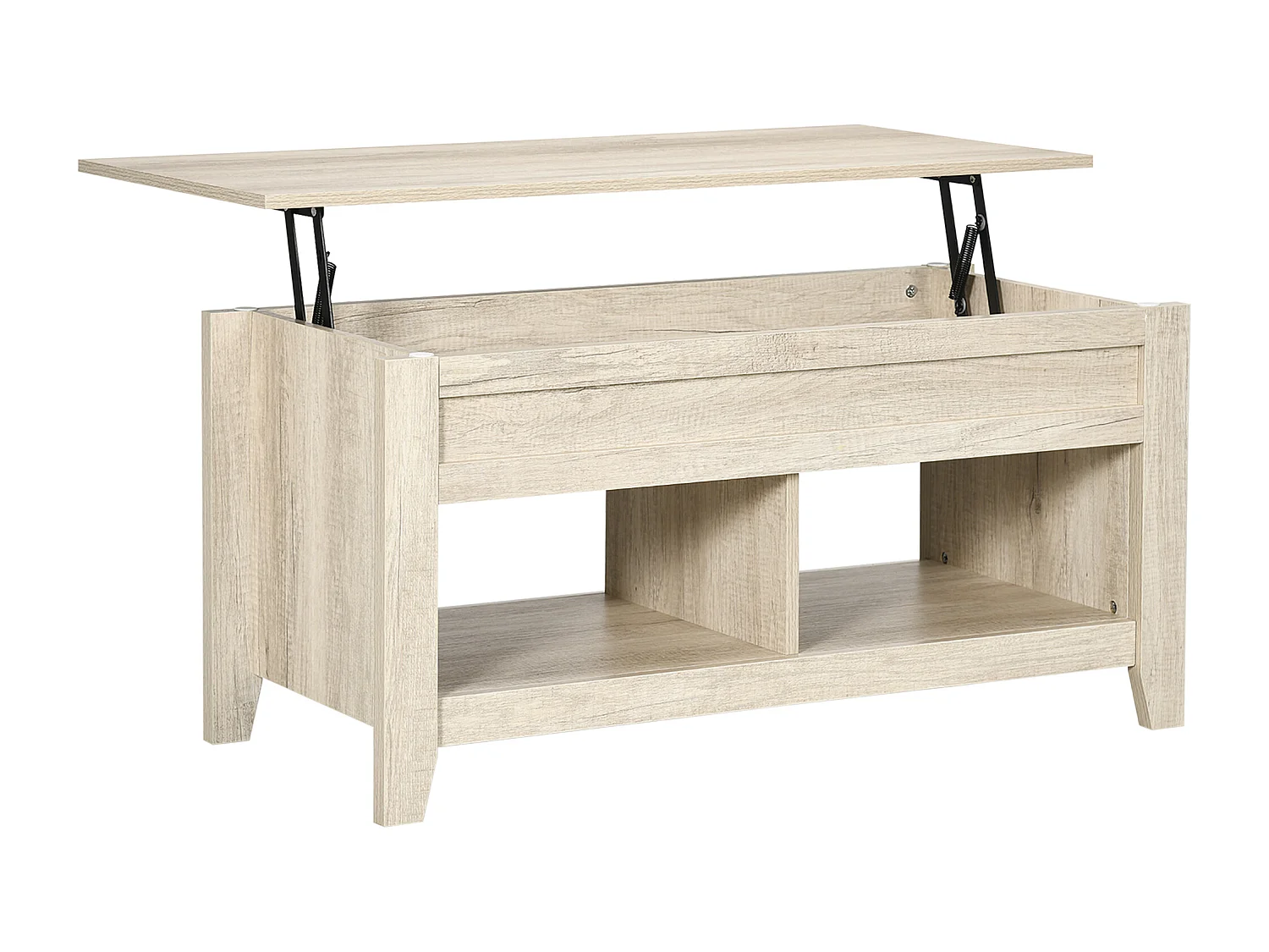 Table basse rectangulaire plateau relevable 2 niches et coffre panneaux particules aspect chêne clair