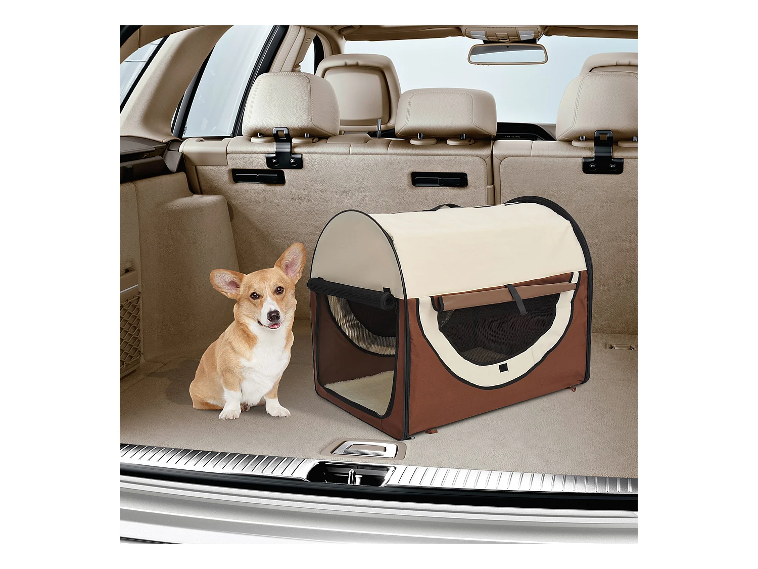 Sac de transport pour chien et chat pliable - poignée, entrée zippée, fenêtres maillées enroulables- coussin inclus - acier oxford marron beige