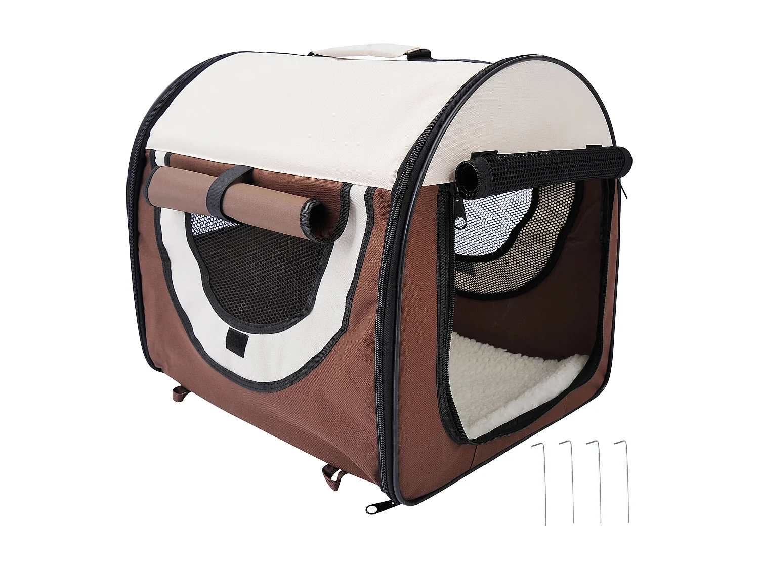 Sac de transport pour chien et chat pliable - poignée, entrée zippée, fenêtres maillées enroulables- coussin inclus - acier oxford marron beige