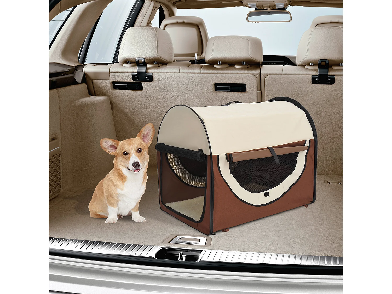 Sac de transport pour chien et chat pliable - poignée, entrée zippée, fenêtres maillées enroulables- coussin inclus - acier oxford marron beige
