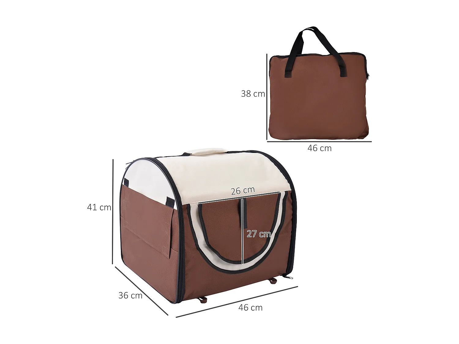 Sac de transport pour chien et chat pliable - poignée, entrée zippée, fenêtres maillées enroulables- coussin inclus - acier oxford marron beige