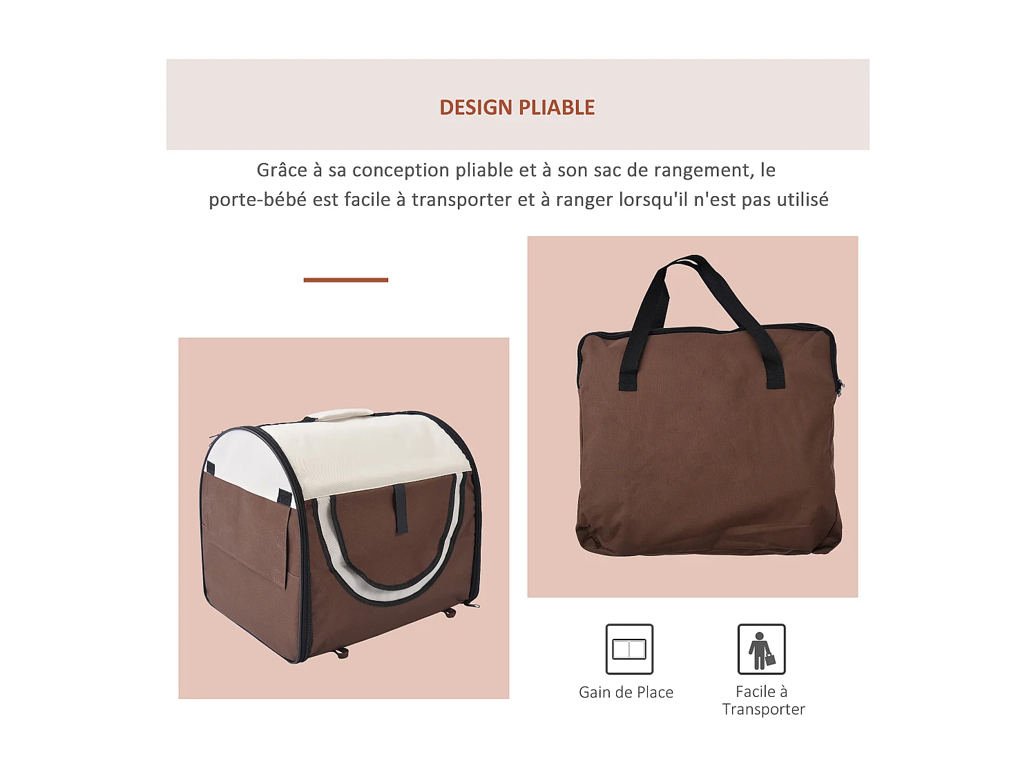 Sac de transport pour chien et chat pliable - poignée, entrée zippée, fenêtres maillées enroulables- coussin inclus - acier oxford marron beige