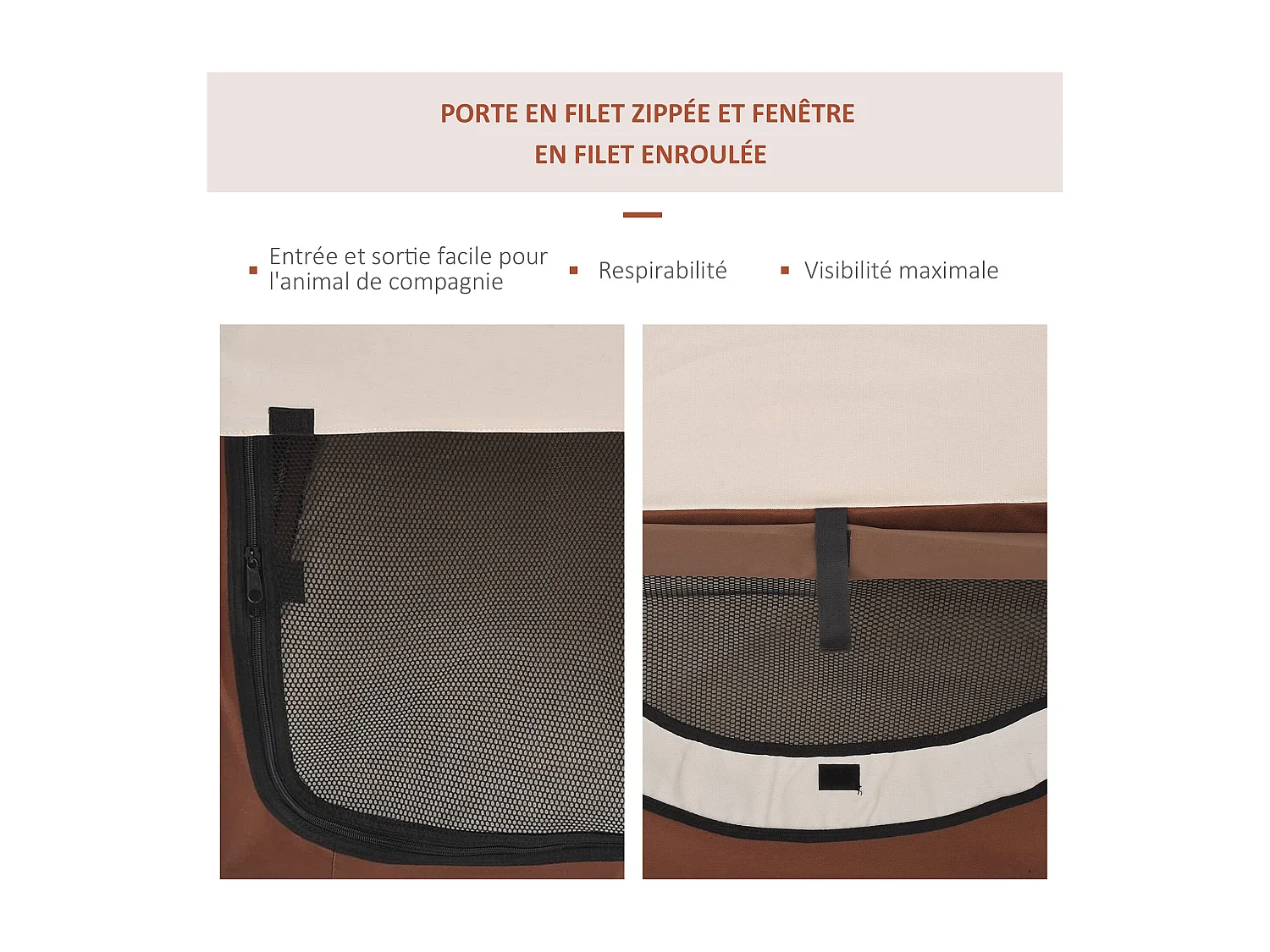 Sac de transport pour chien et chat pliable - poignée, entrée zippée, fenêtres maillées enroulables- coussin inclus - acier oxford marron beige
