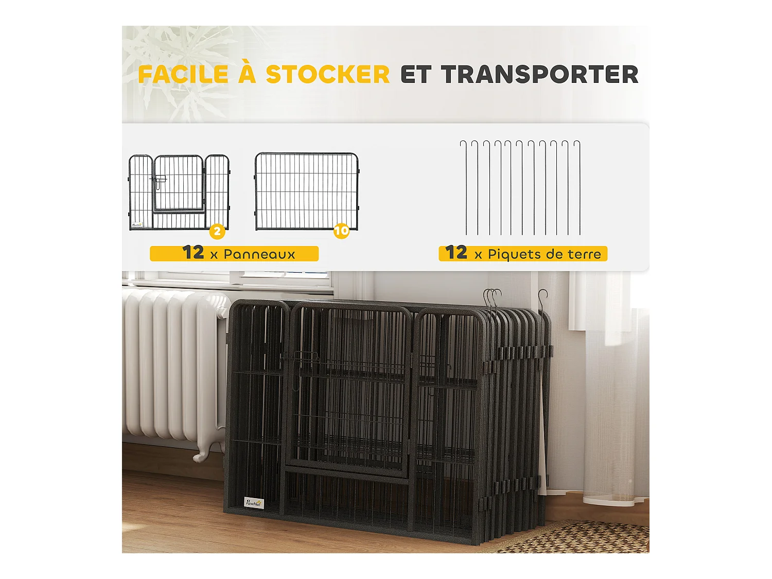 PawHut Parc enclos modulable pour animaux avec 2 portes - 12 panneaux modulables - acier noir