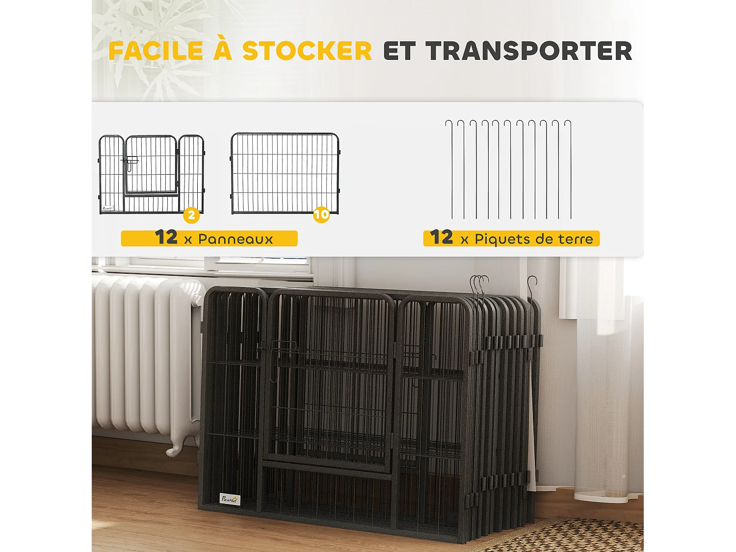 PawHut Parc enclos modulable pour animaux avec 2 portes - 12 panneaux modulables - acier noir