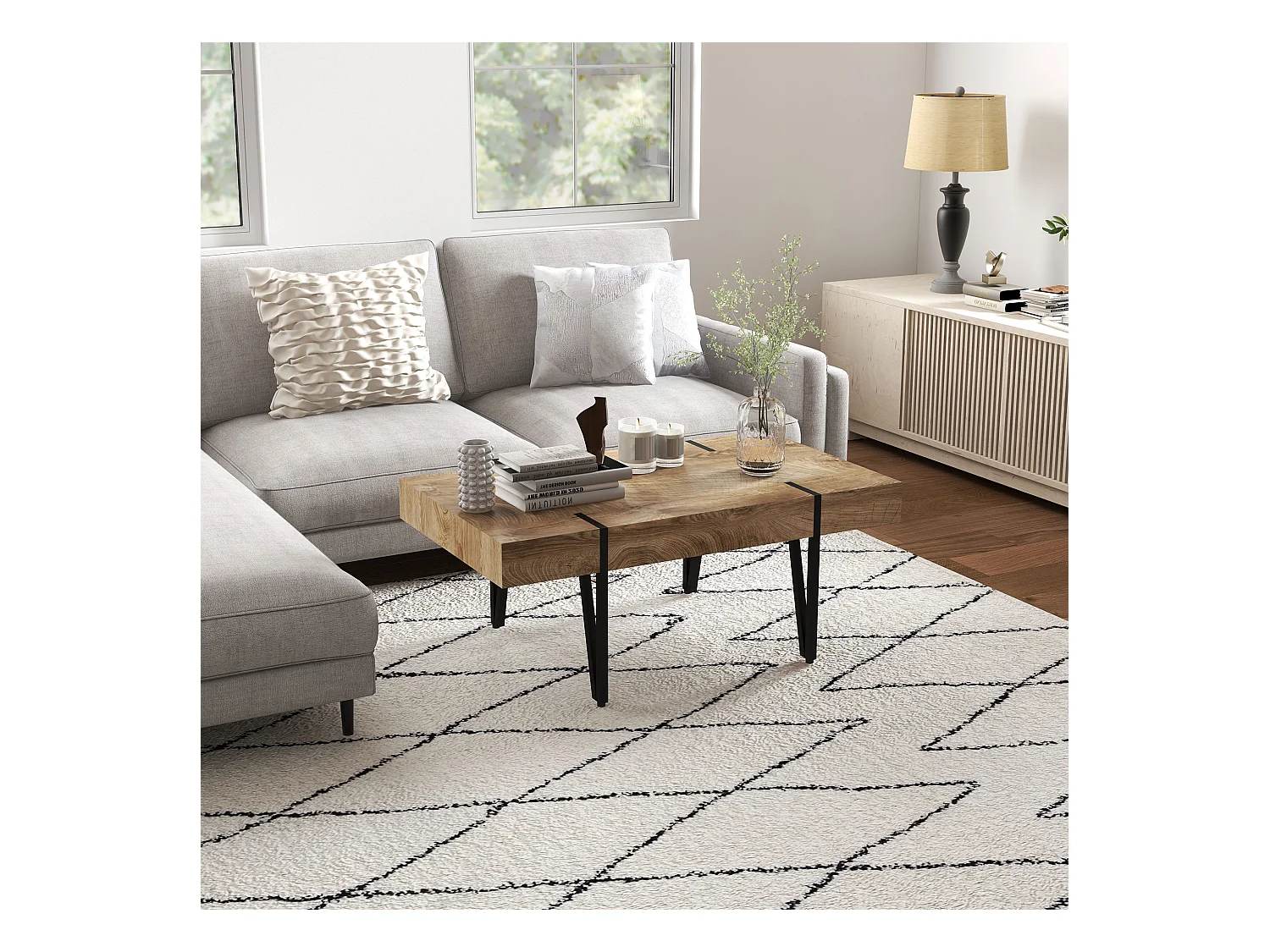 Table basse rectangulaire style industriel piètement épingle métal noir plateau aspect ancien bastaing bois