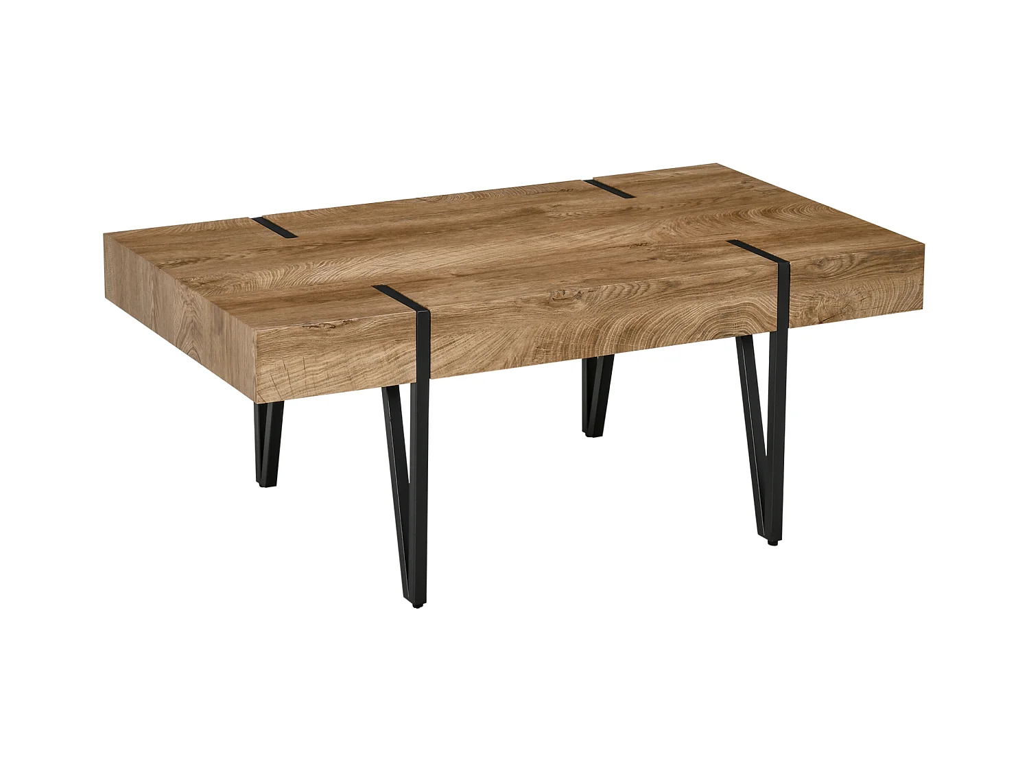 Table basse rectangulaire style industriel piètement épingle métal noir plateau aspect ancien bastaing bois