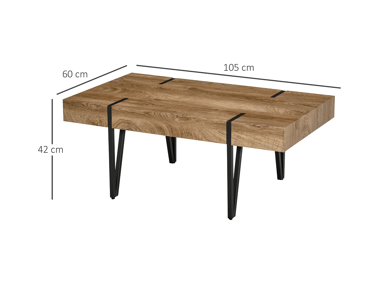 Table basse rectangulaire style industriel piètement épingle métal noir plateau aspect ancien bastaing bois