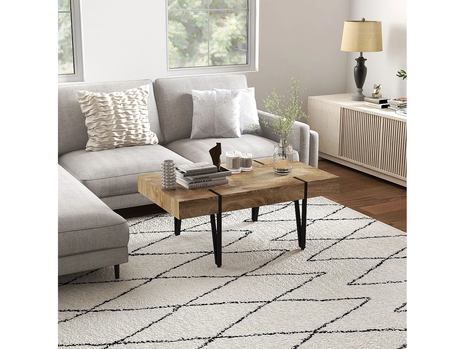 Table basse rectangulaire style industriel piètement épingle métal noir plateau aspect ancien bastaing bois