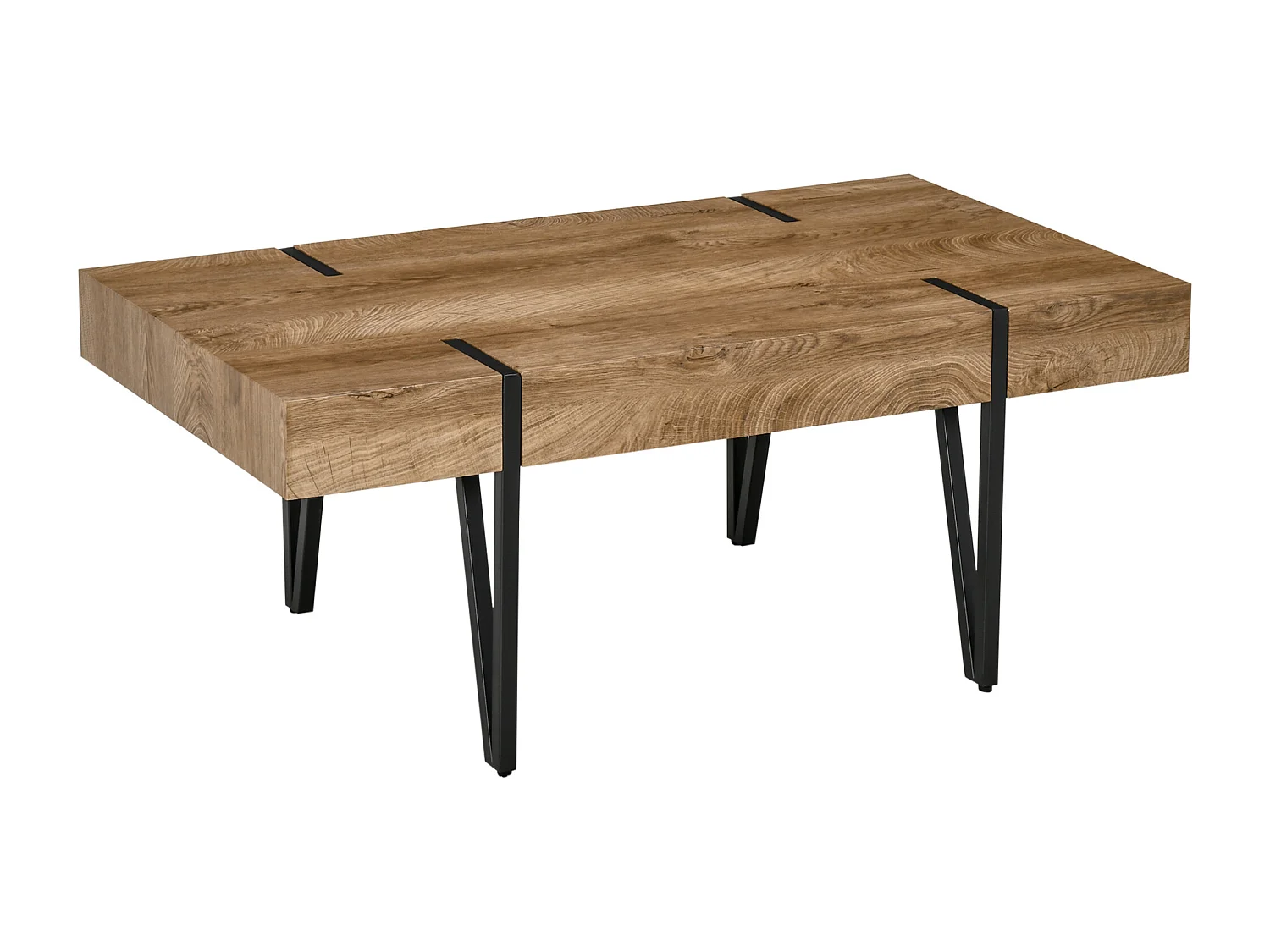 Table basse rectangulaire style industriel piètement épingle métal noir plateau aspect ancien bastaing bois