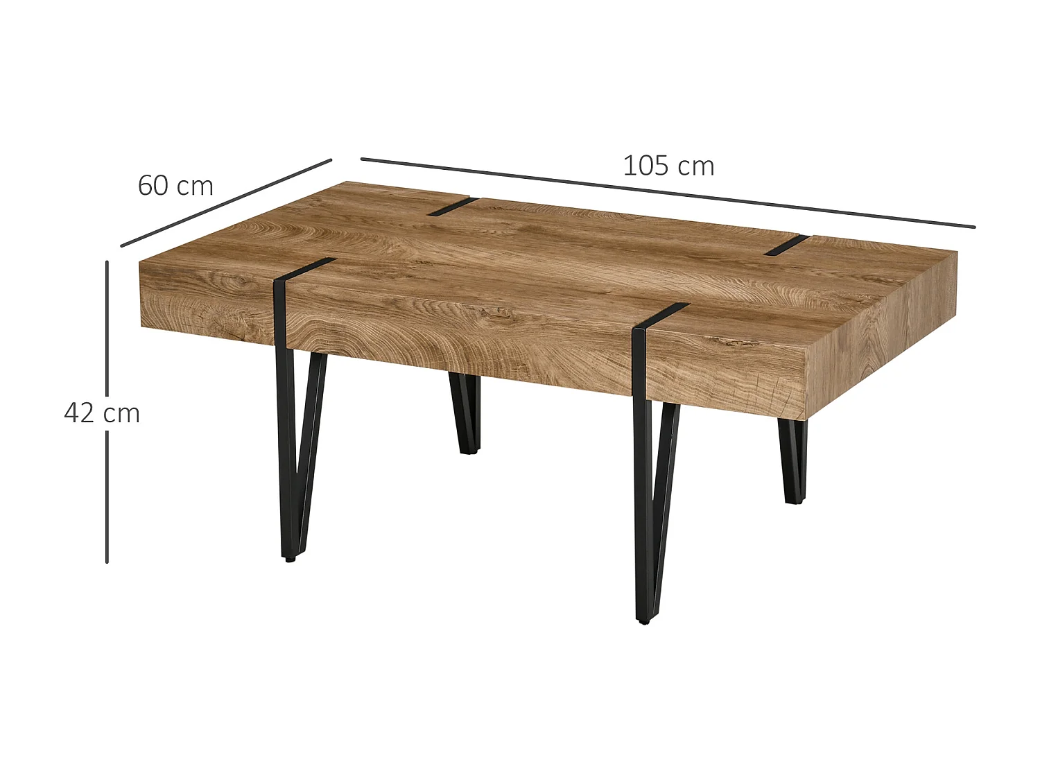 Table basse rectangulaire style industriel piètement épingle métal noir plateau aspect ancien bastaing bois