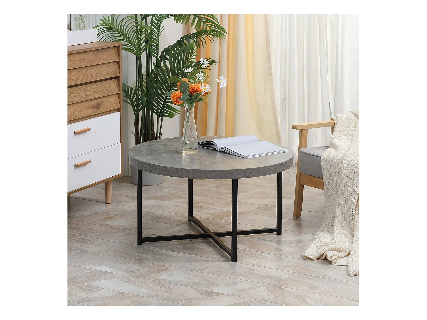 Table basse ronde design dim. Ø 80 x 45H cm piètement croisé métal noir plateau MDF effet béton ciré