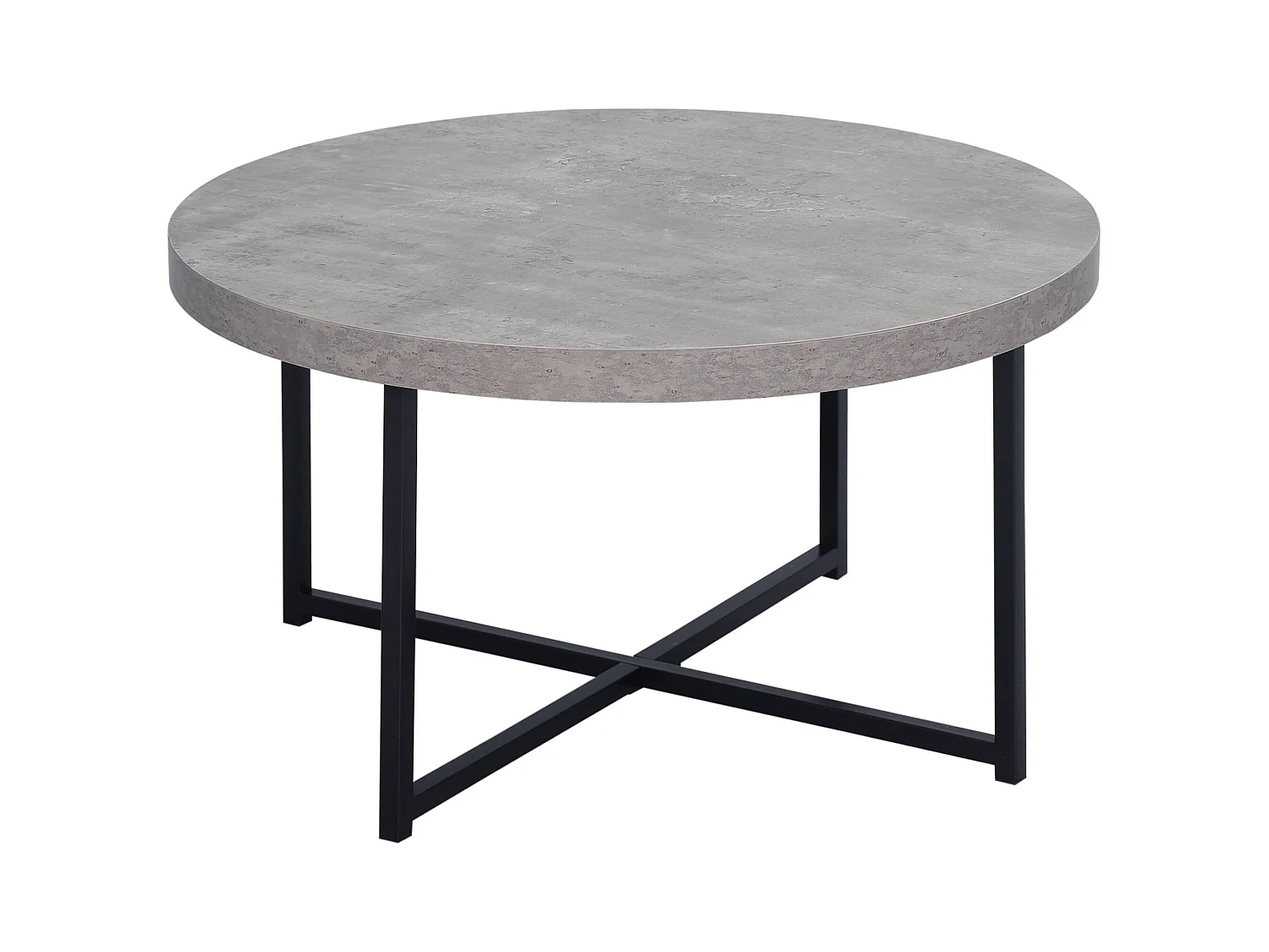 Table basse ronde design dim. Ø 80 x 45H cm piètement croisé métal noir plateau MDF effet béton ciré