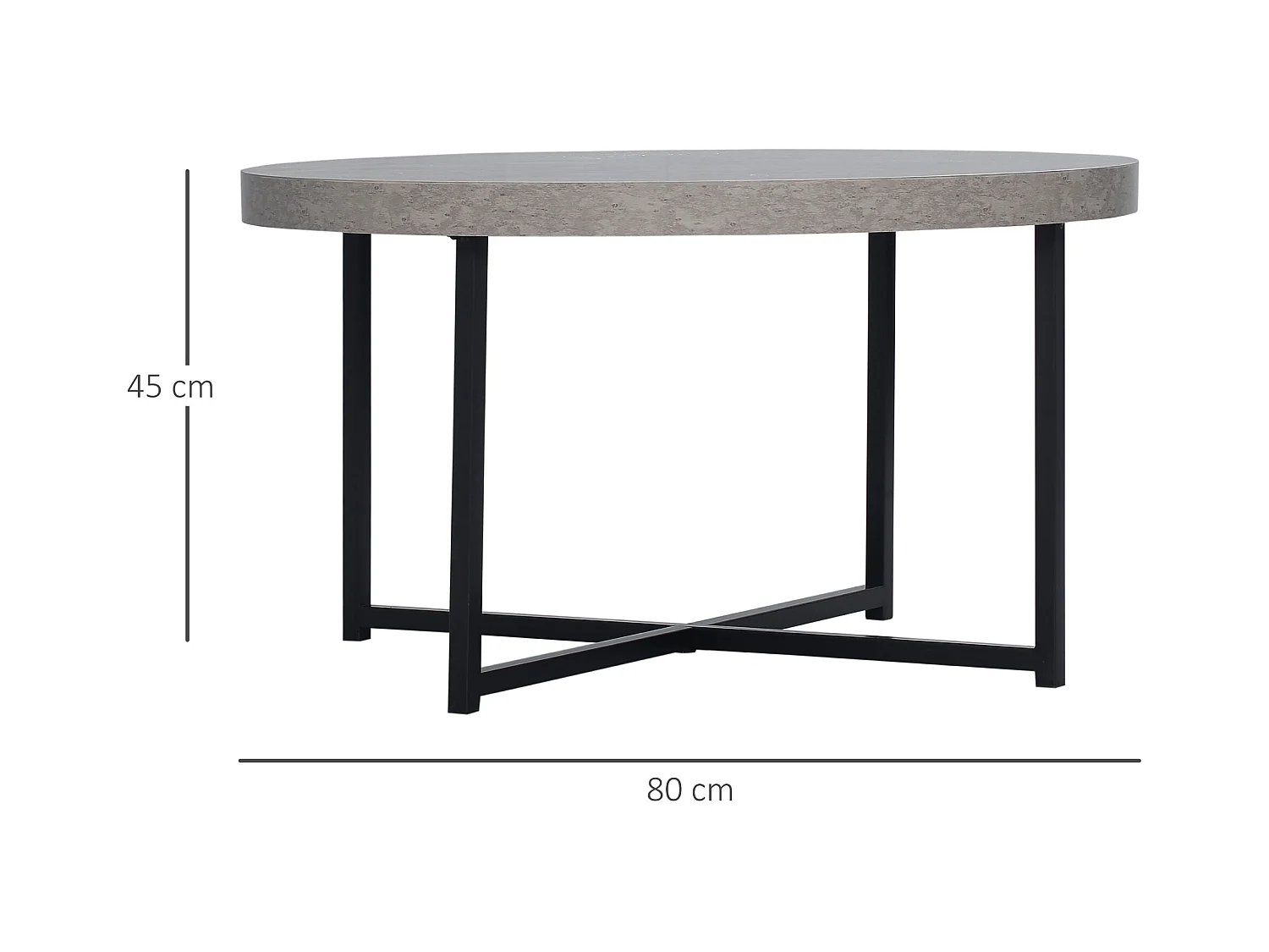 Table basse ronde design dim. Ø 80 x 45H cm piètement croisé métal noir plateau MDF effet béton ciré