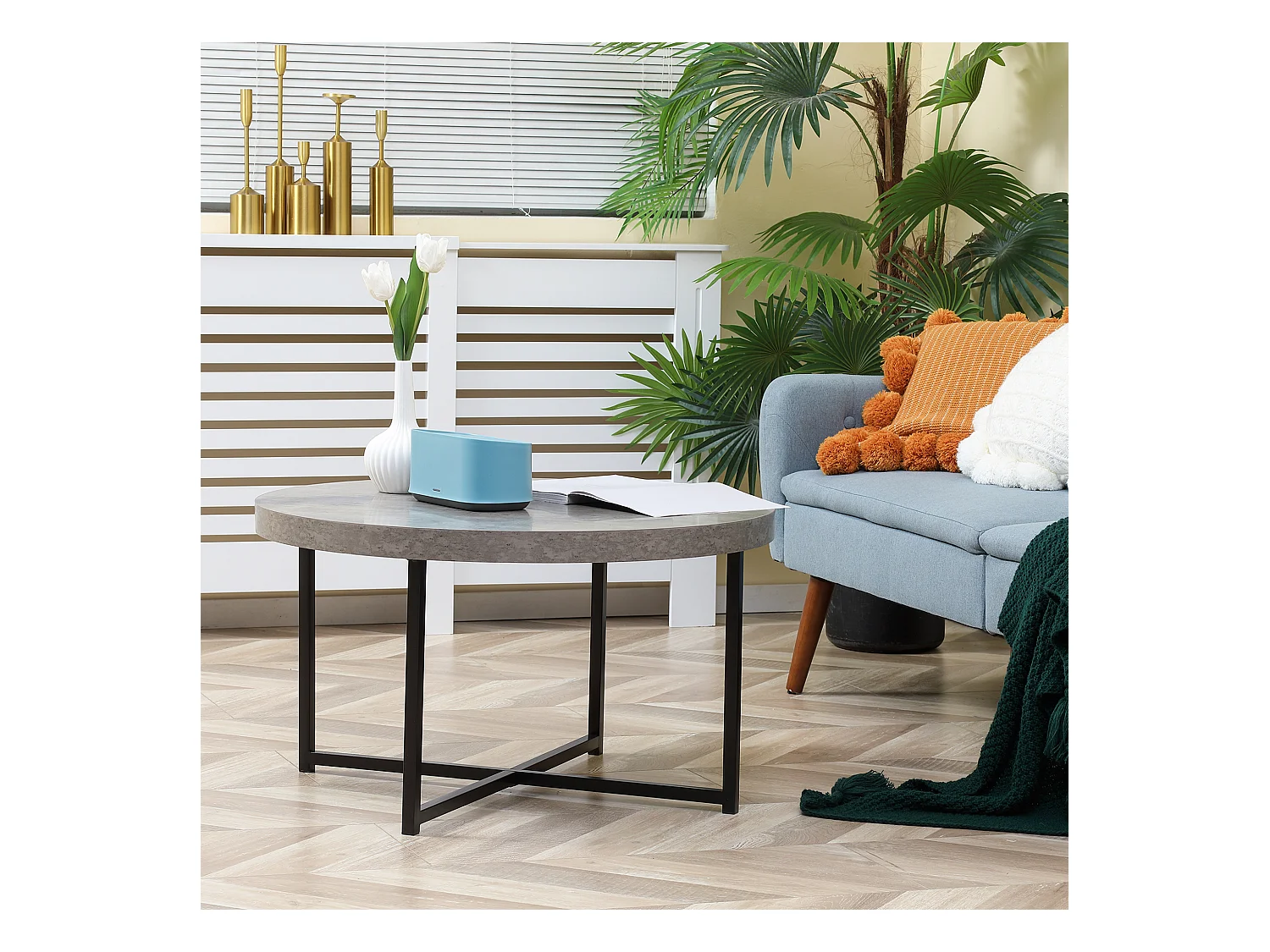 Table basse ronde design dim. Ø 80 x 45H cm piètement croisé métal noir plateau MDF effet béton ciré