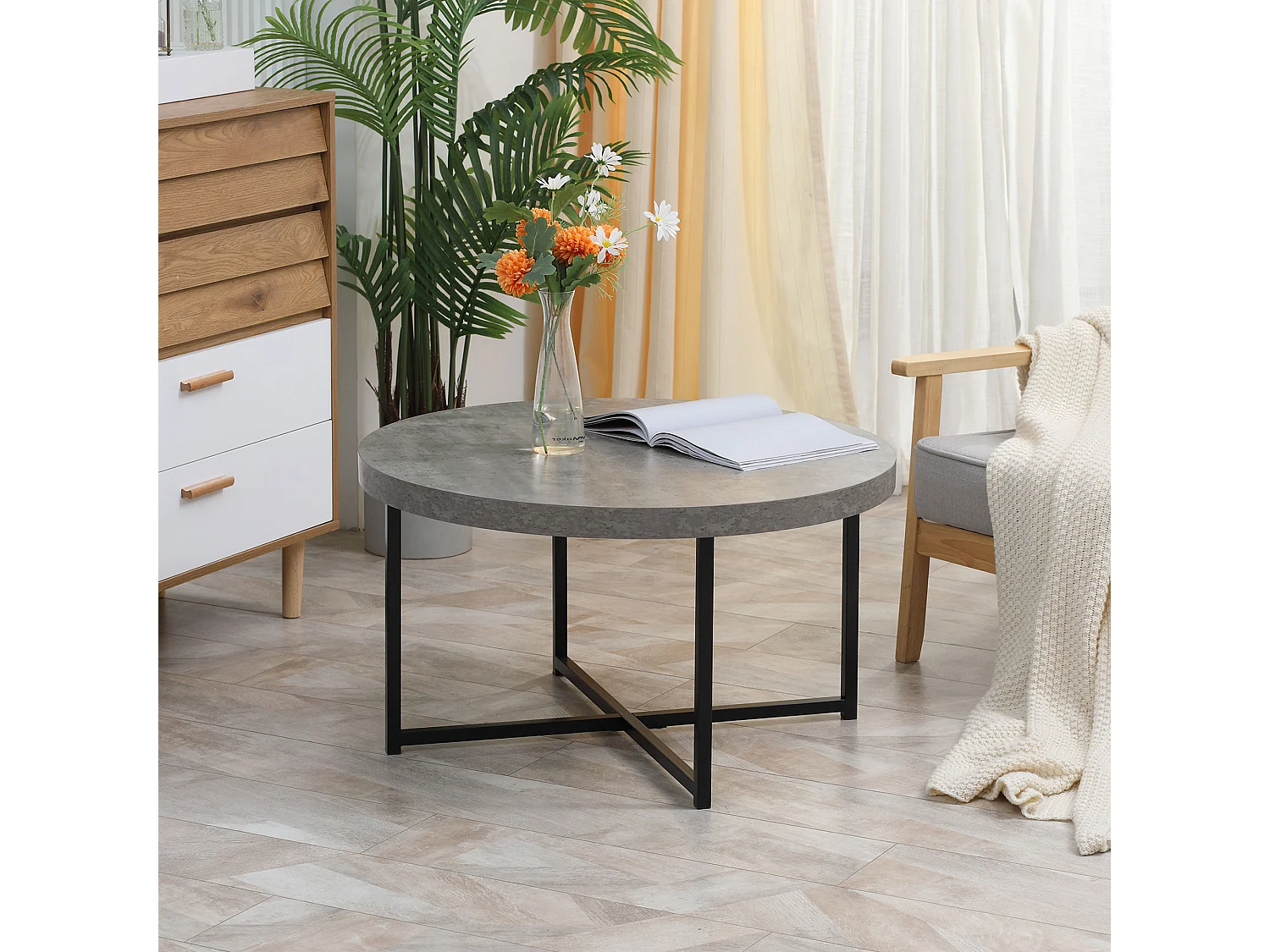 Table basse ronde design dim. Ø 80 x 45H cm piètement croisé métal noir plateau MDF effet béton ciré
