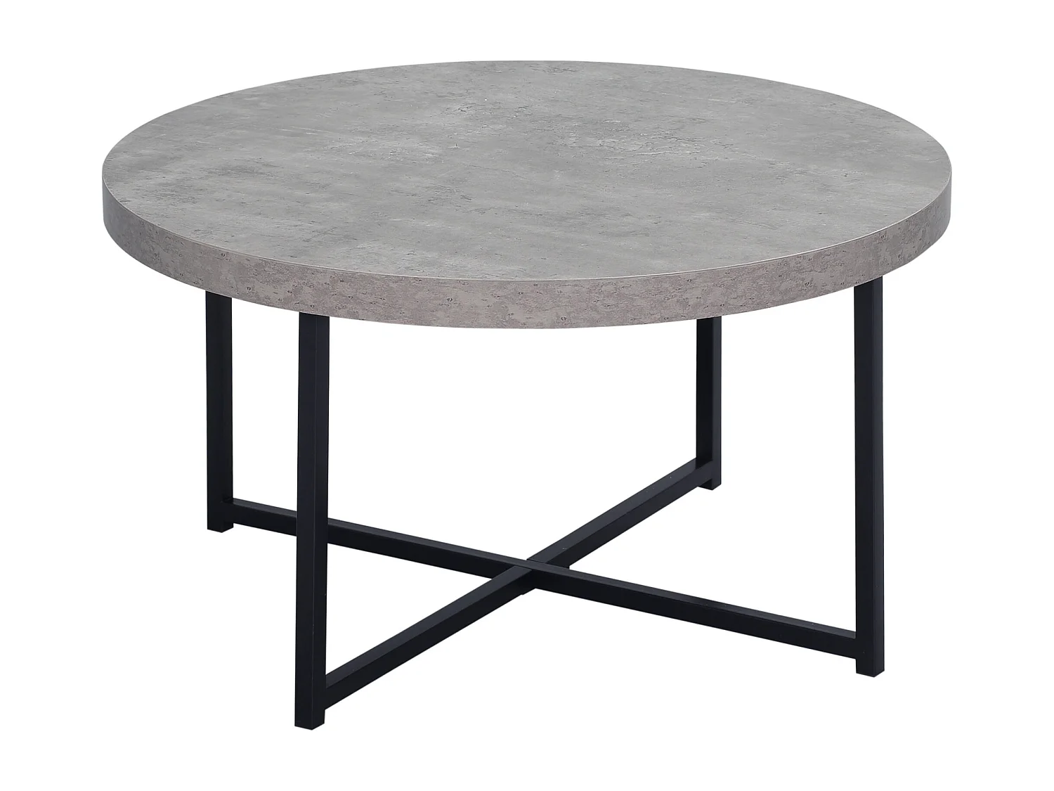 Table basse ronde design dim. Ø 80 x 45H cm piètement croisé métal noir plateau MDF effet béton ciré