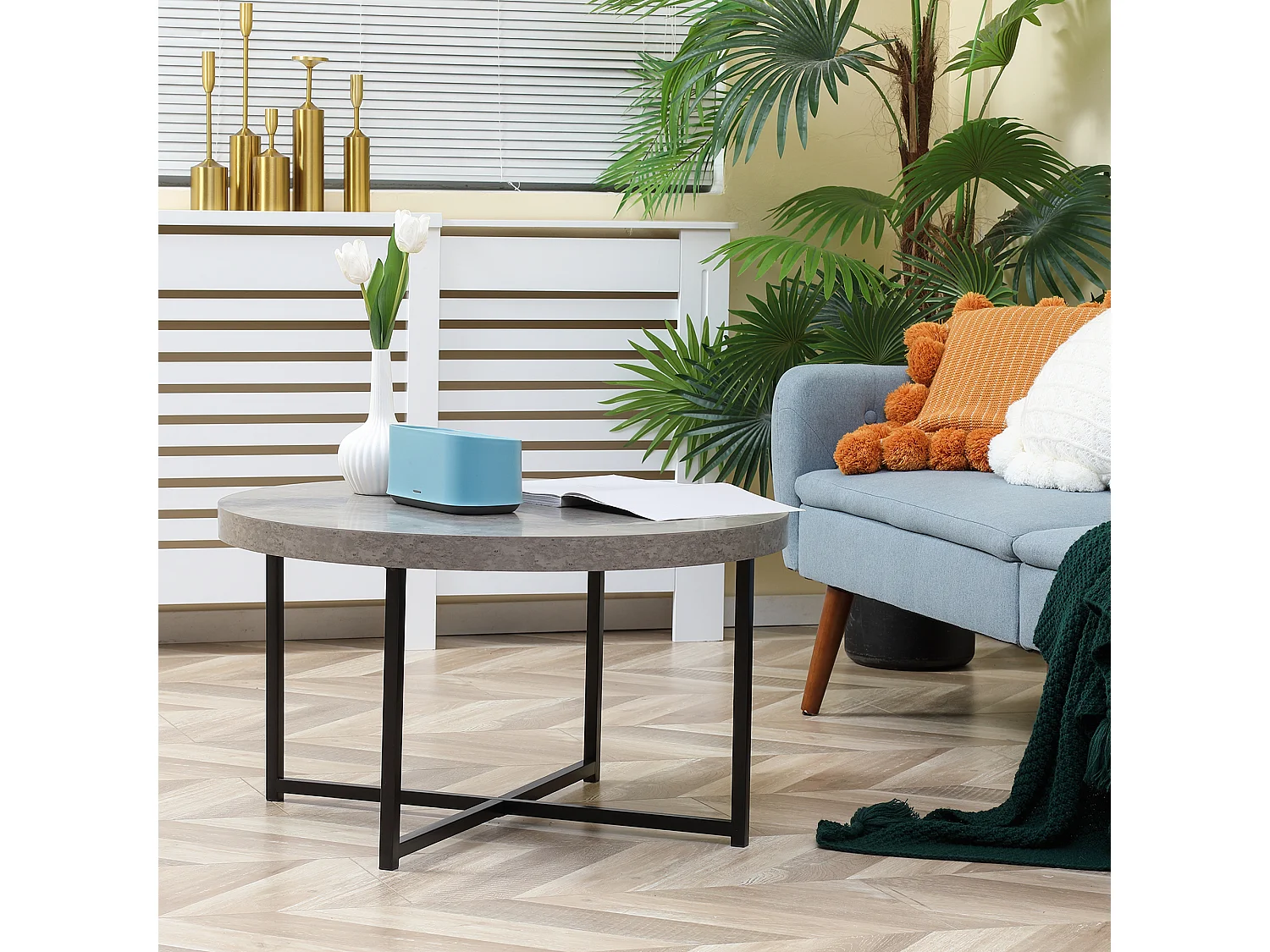 Table basse ronde design dim. Ø 80 x 45H cm piètement croisé métal noir plateau MDF effet béton ciré