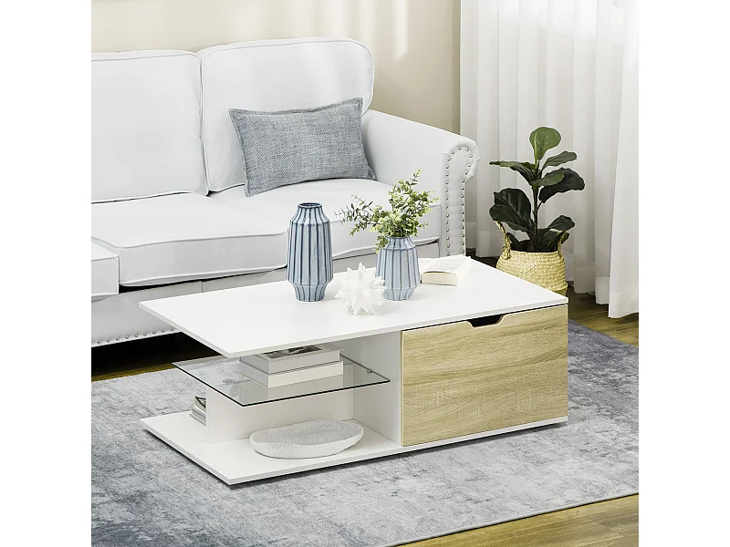 Table basse design contemporain 2 tiroirs 2 niches étagère verre trempé panneaux blanc aspect chêne clair