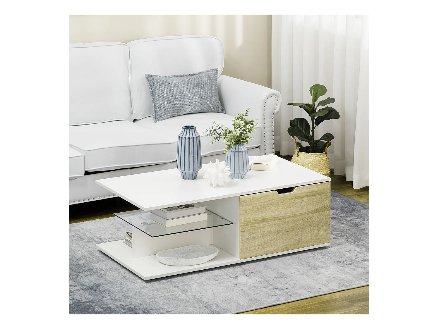 Table basse design contemporain 2 tiroirs 2 niches étagère verre trempé panneaux blanc aspect chêne clair
