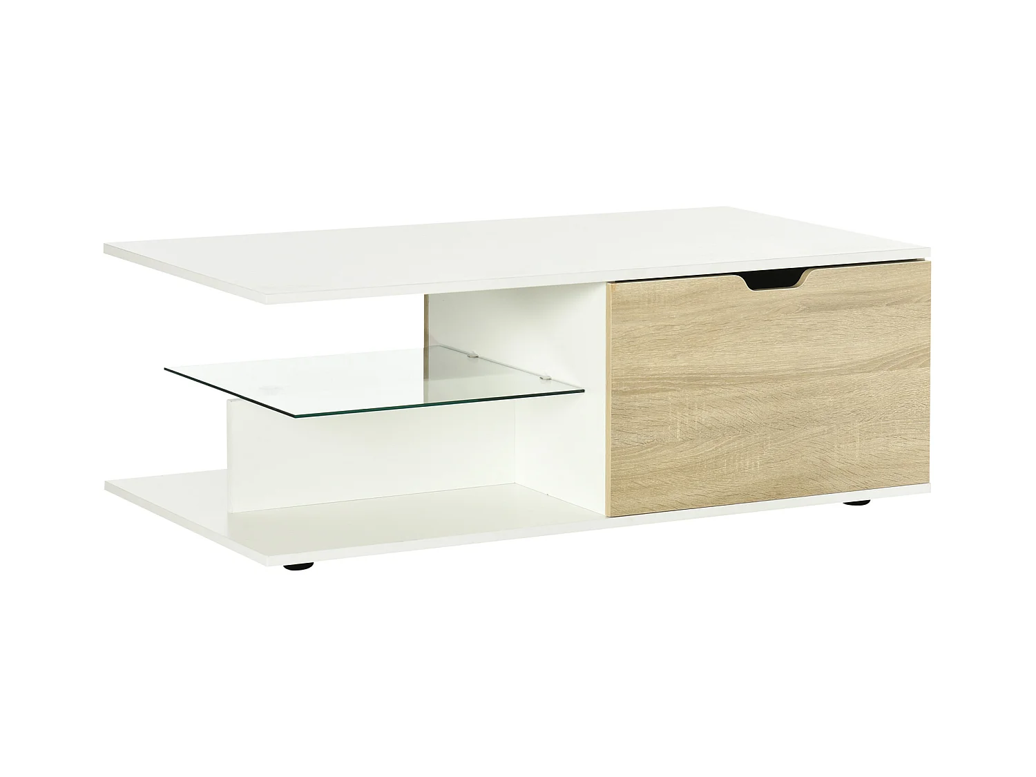 Table basse design contemporain 2 tiroirs 2 niches étagère verre trempé panneaux blanc aspect chêne clair