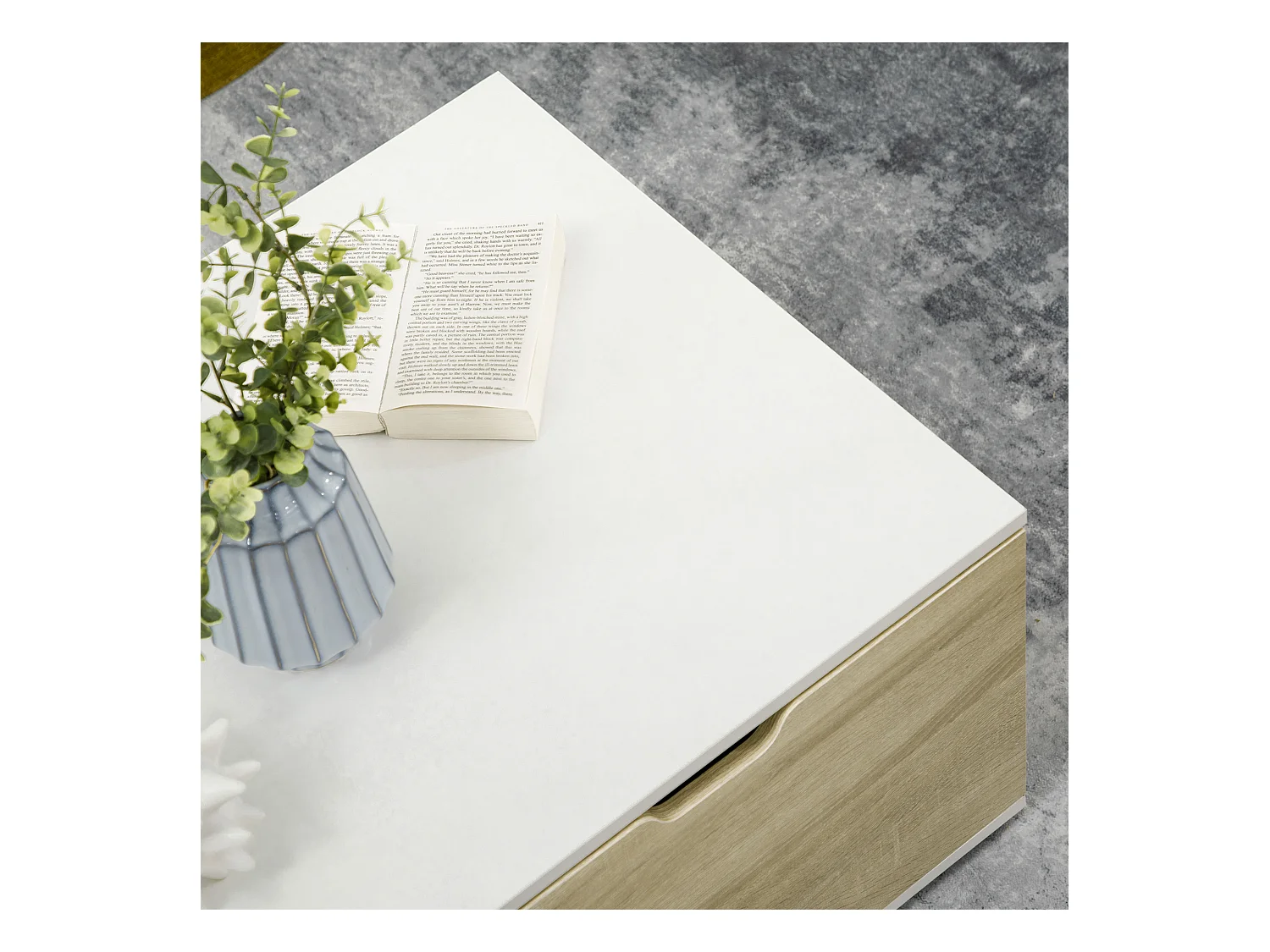 Table basse design contemporain 2 tiroirs 2 niches étagère verre trempé panneaux blanc aspect chêne clair