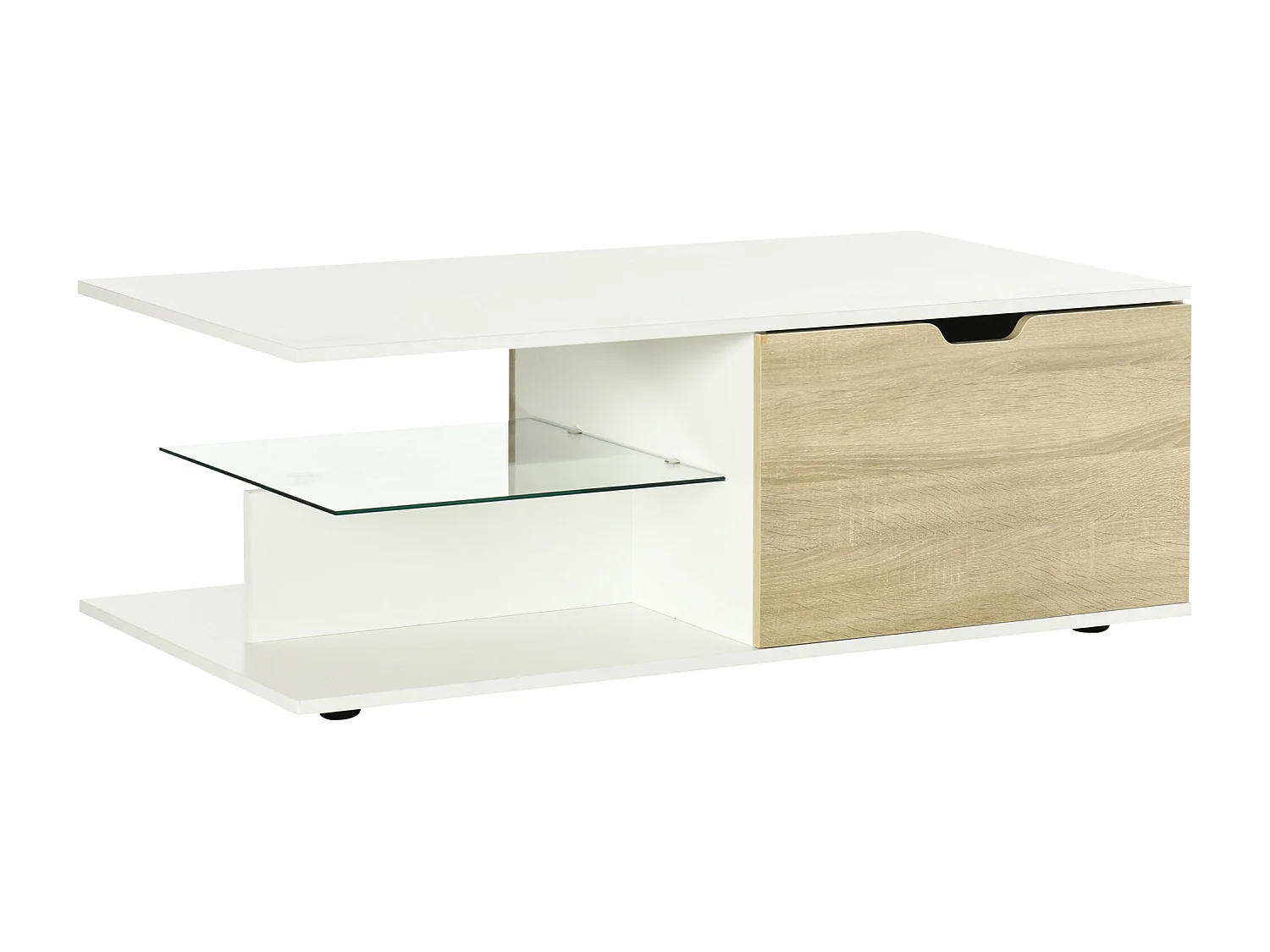 Table basse design contemporain 2 tiroirs 2 niches étagère verre trempé panneaux blanc aspect chêne clair