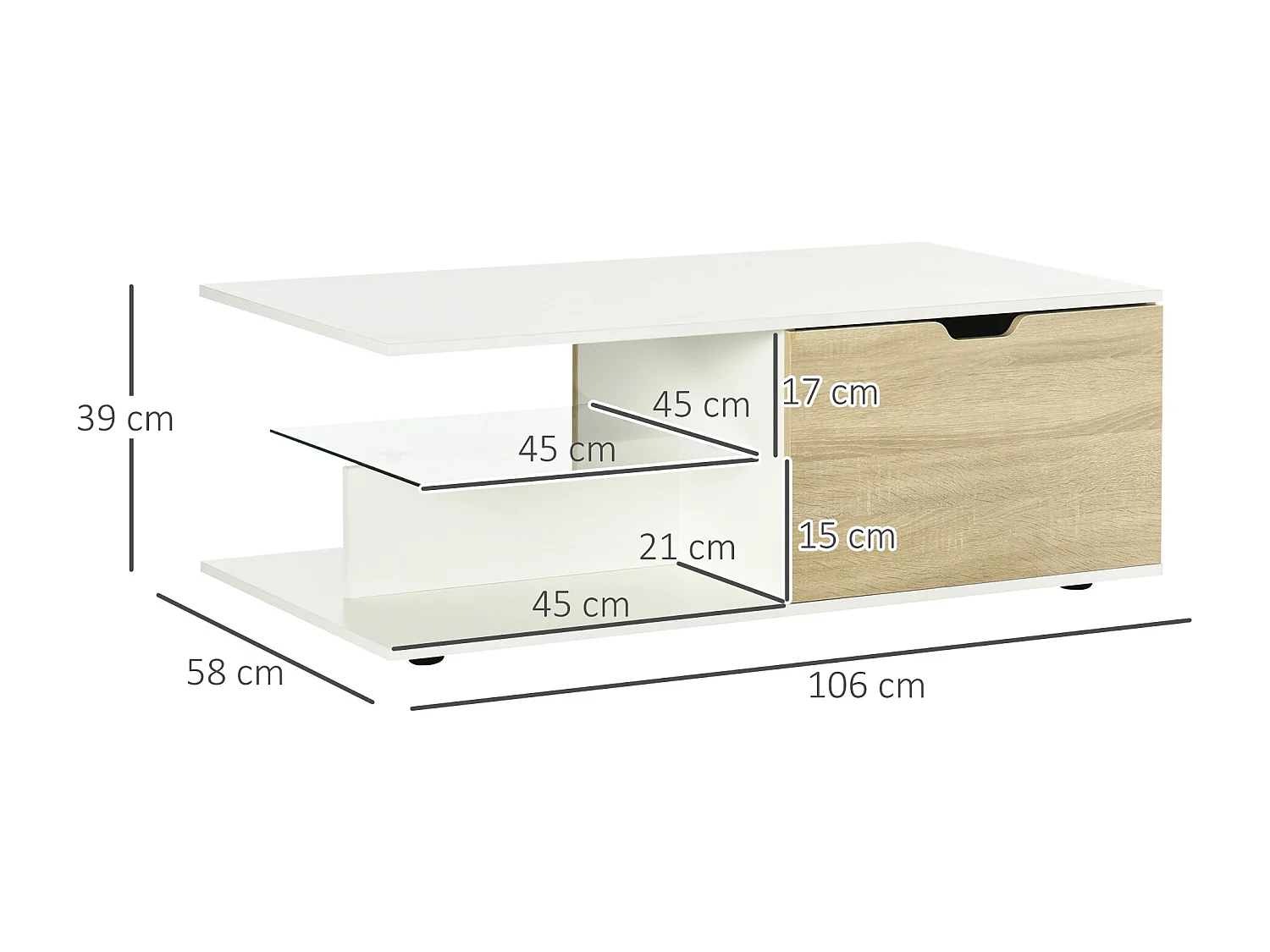 Table basse design contemporain 2 tiroirs 2 niches étagère verre trempé panneaux blanc aspect chêne clair
