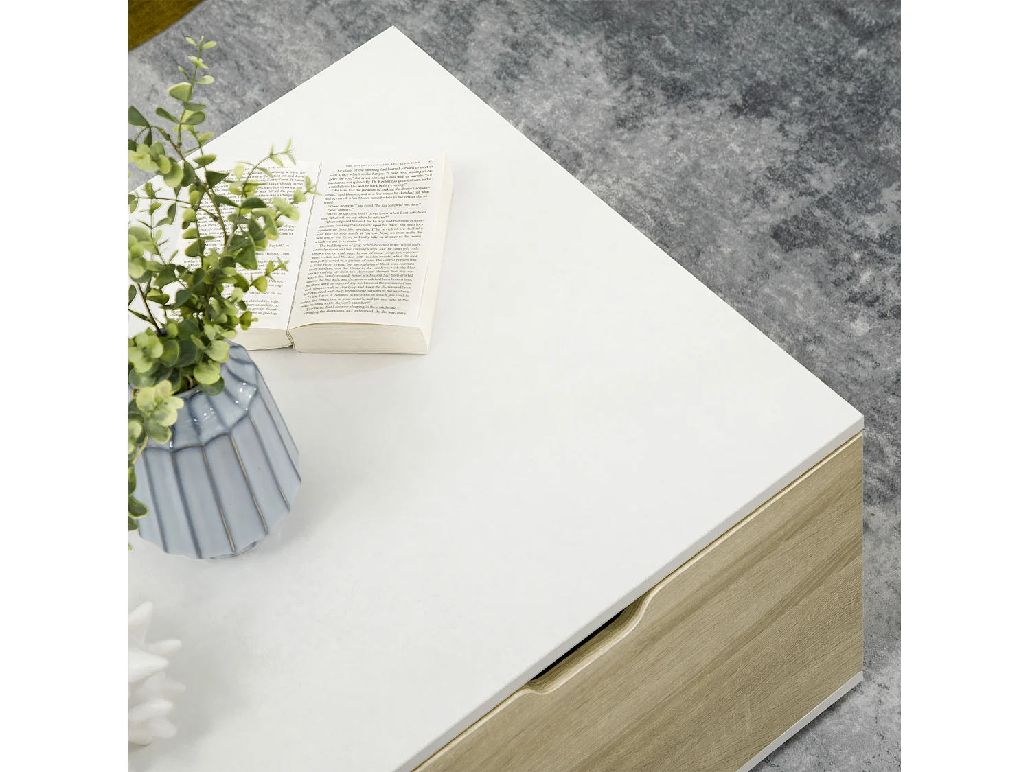 Table basse design contemporain 2 tiroirs 2 niches étagère verre trempé panneaux blanc aspect chêne clair