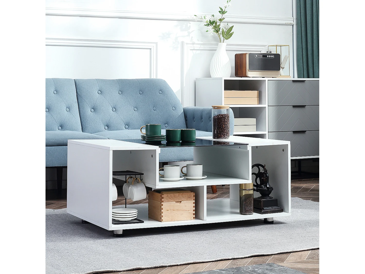 Table basse design contemporain symétrique dim. 100L x 60l x 42H cm 3 niches panneaux particules blanc verre trempé noir