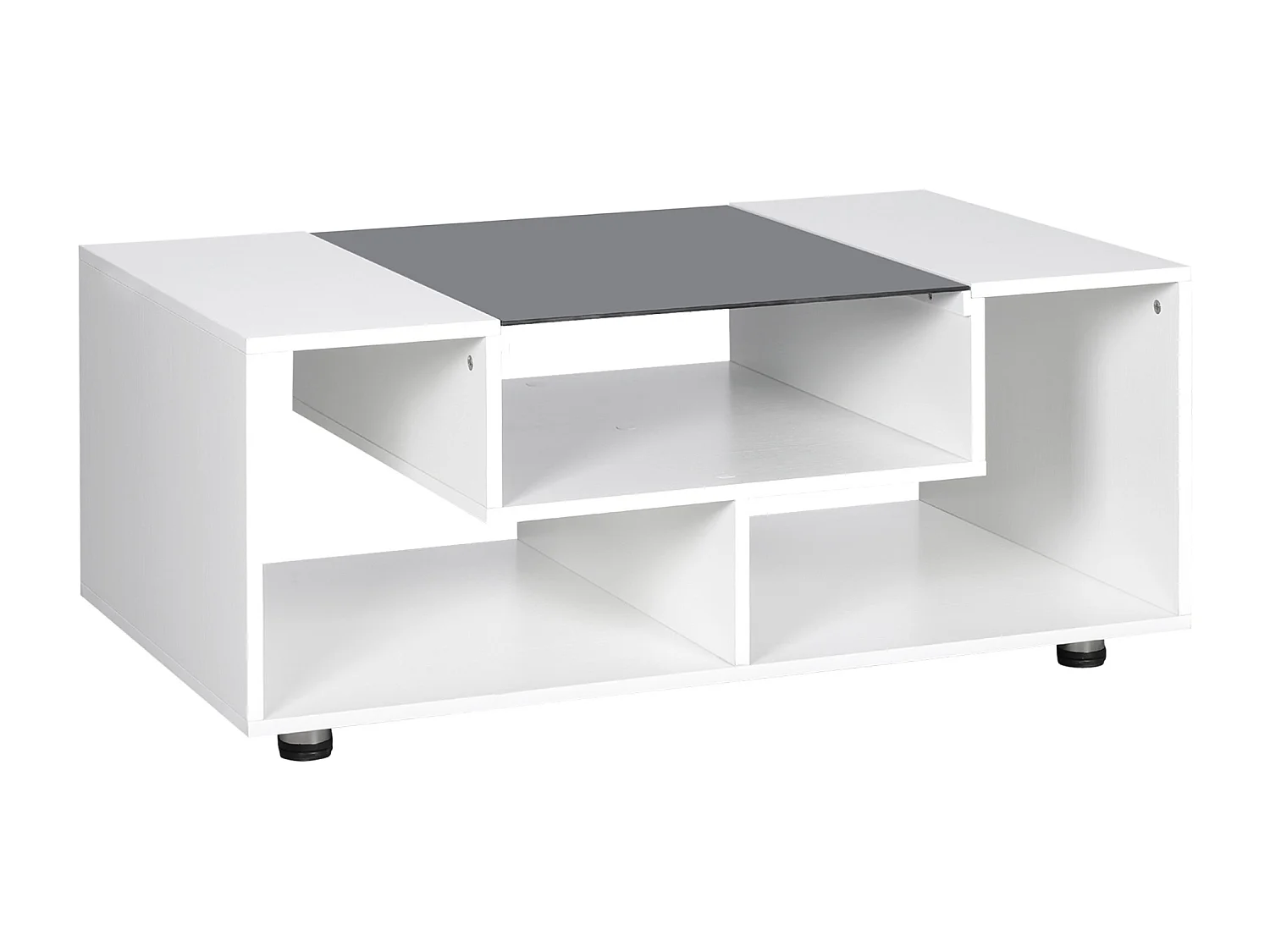 Table basse design contemporain symétrique dim. 100L x 60l x 42H cm 3 niches panneaux particules blanc verre trempé noir