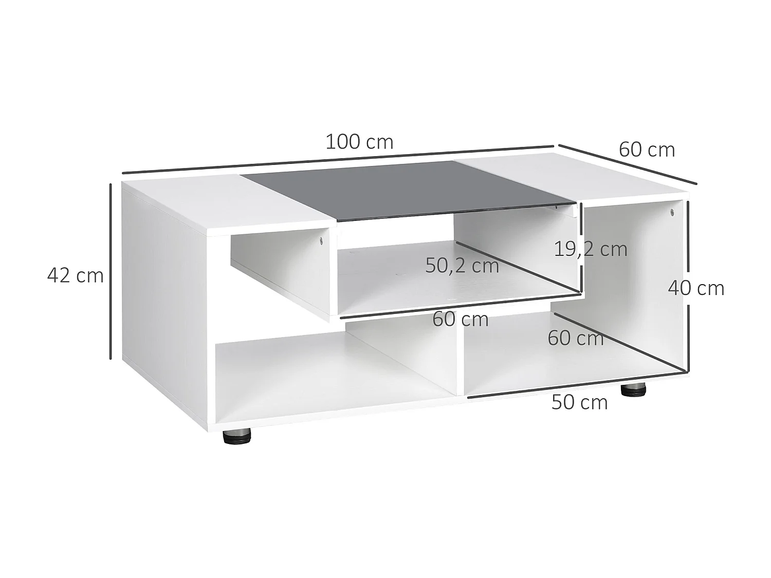 Table basse design contemporain symétrique dim. 100L x 60l x 42H cm 3 niches panneaux particules blanc verre trempé noir