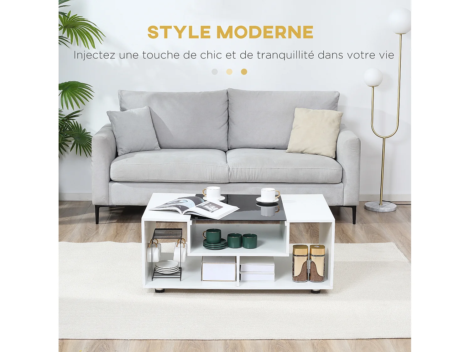 Table basse design contemporain symétrique dim. 100L x 60l x 42H cm 3 niches panneaux particules blanc verre trempé noir