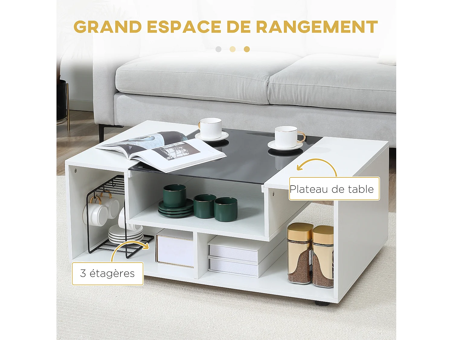 Table basse design contemporain symétrique dim. 100L x 60l x 42H cm 3 niches panneaux particules blanc verre trempé noir