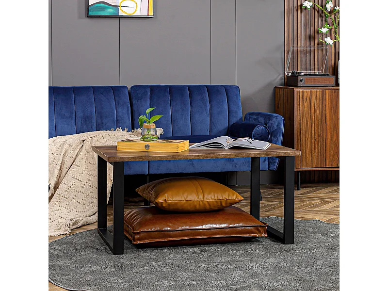 Table basse rectangulaire style industriel dim. 100L x 60l x 50H cm métal noir MDF aspect bois de noyer