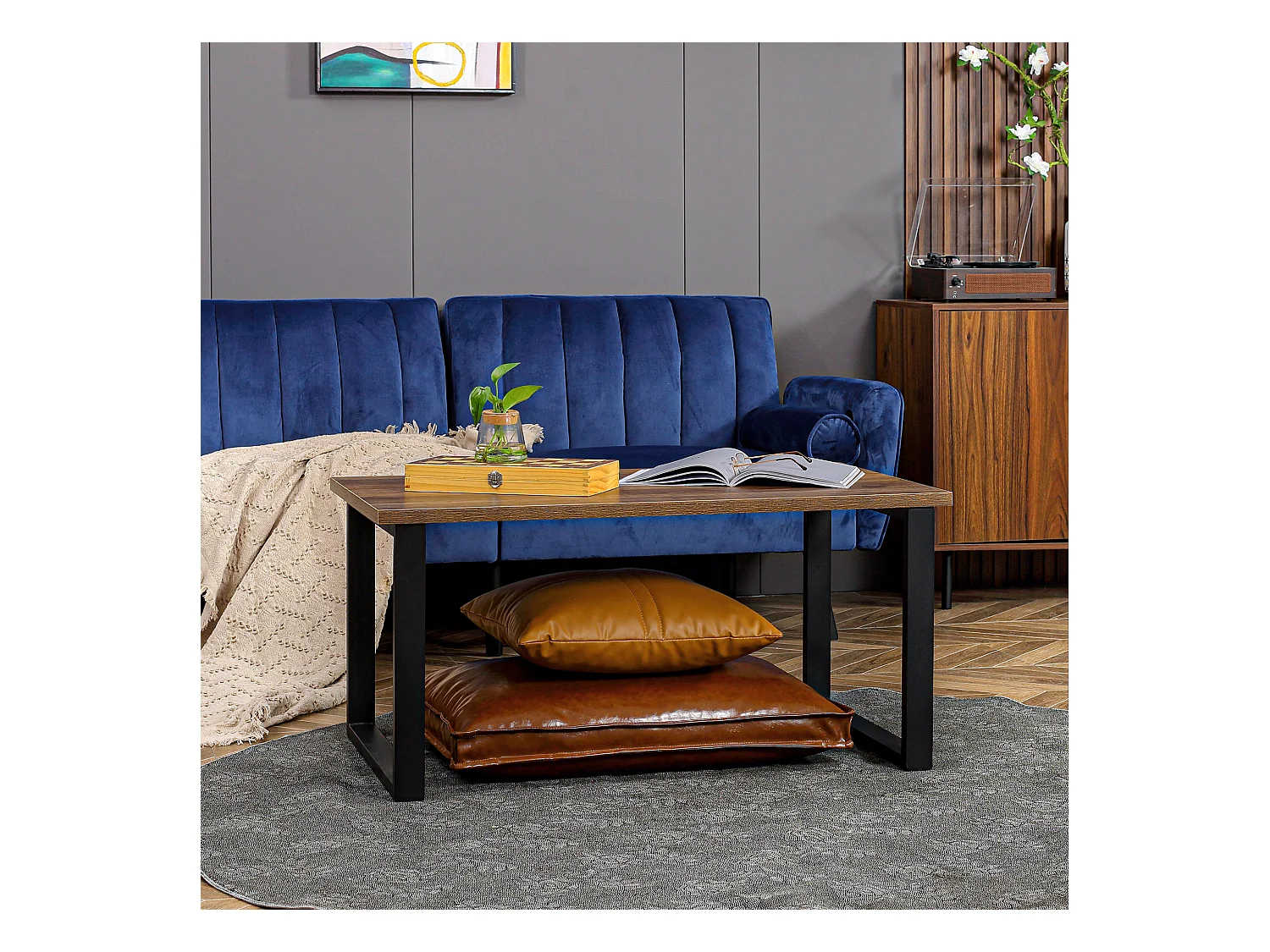 Table basse rectangulaire style industriel dim. 100L x 60l x 50H cm métal noir MDF aspect bois de noyer