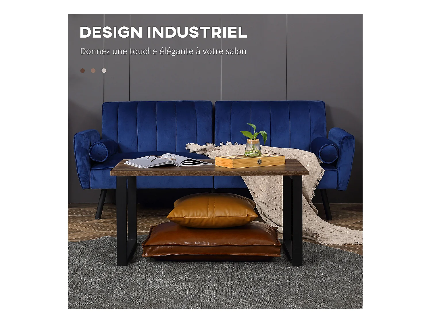 Table basse rectangulaire style industriel dim. 100L x 60l x 50H cm métal noir MDF aspect bois de noyer