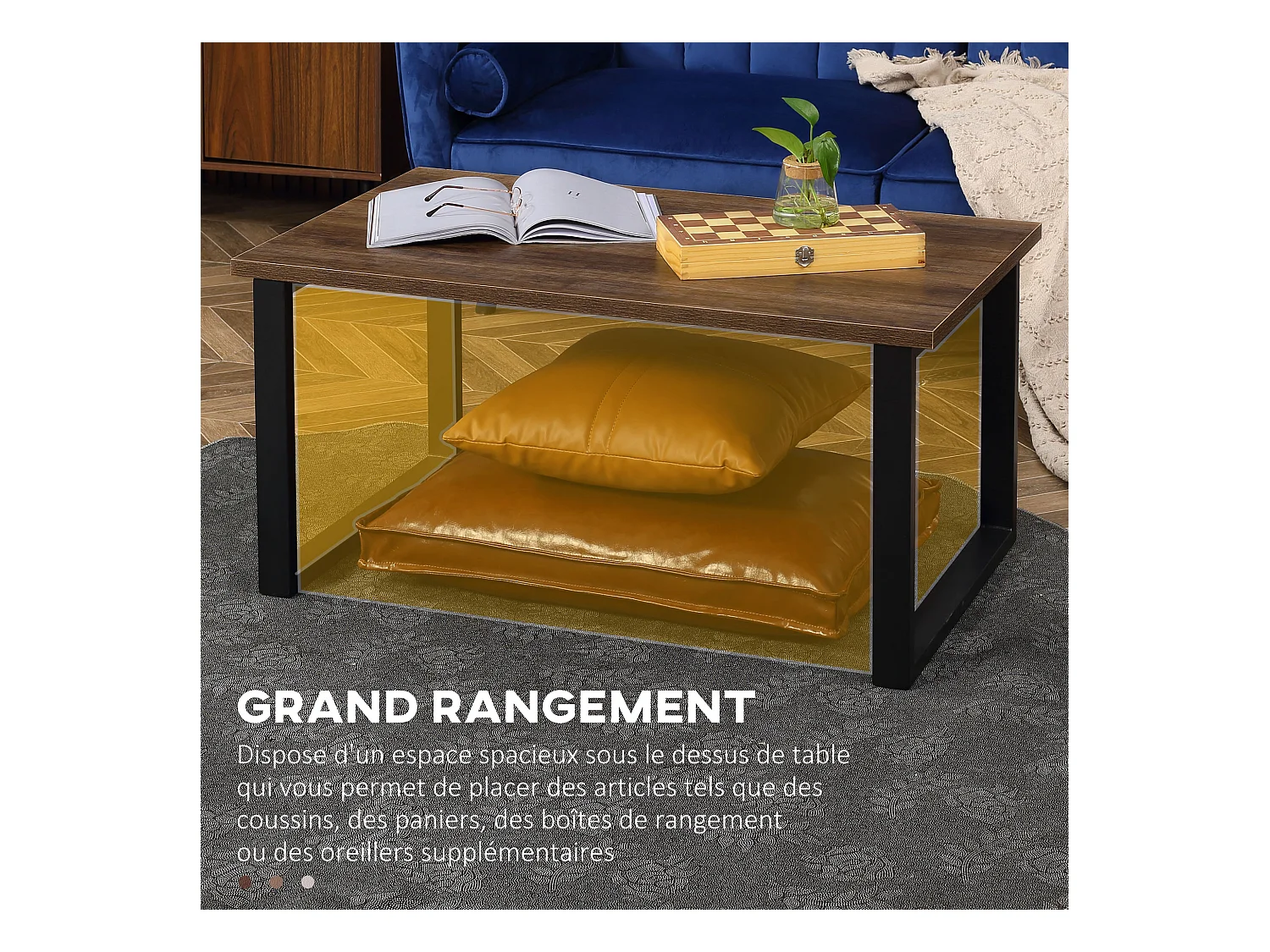 Table basse rectangulaire style industriel dim. 100L x 60l x 50H cm métal noir MDF aspect bois de noyer