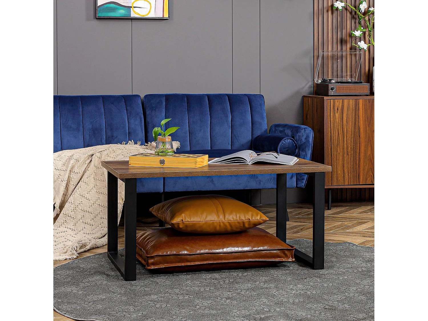 Table basse rectangulaire style industriel dim. 100L x 60l x 50H cm métal noir MDF aspect bois de noyer