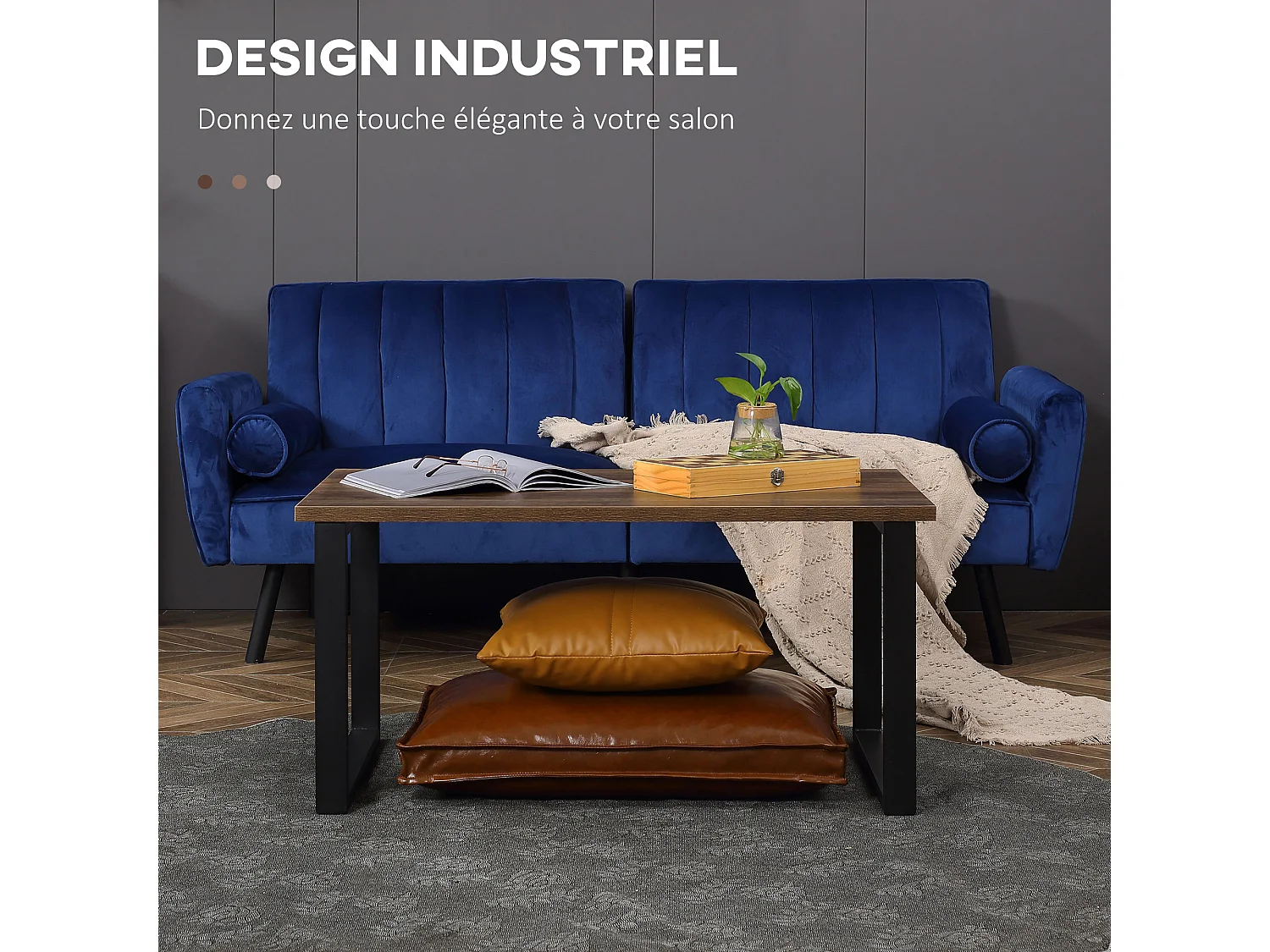 Table basse rectangulaire style industriel dim. 100L x 60l x 50H cm métal noir MDF aspect bois de noyer