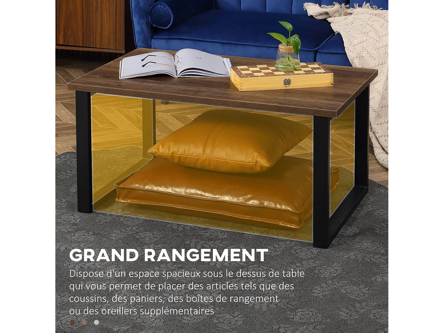 Table basse rectangulaire style industriel dim. 100L x 60l x 50H cm métal noir MDF aspect bois de noyer