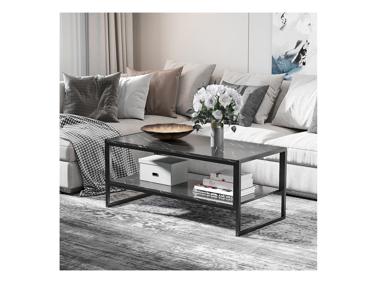 Table Basse Style Moderne avec 2 Étagères 106 x 50 x 47 cm Noir