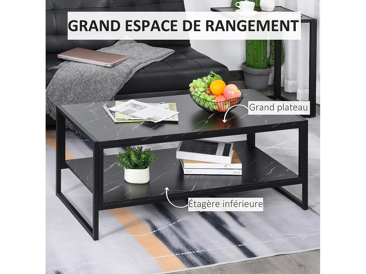 Table Basse Style Moderne avec 2 Étagères 106 x 50 x 47 cm Noir